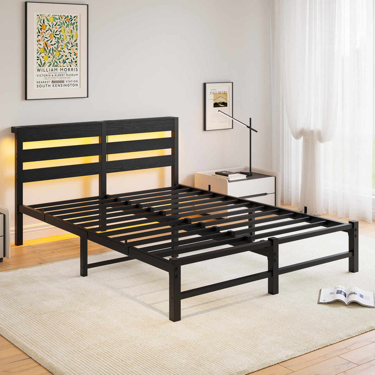 METALLBETT 140x200 cm LED USB Stauraum - Schwarz, Metall (140/200cm) - LEBENLANG