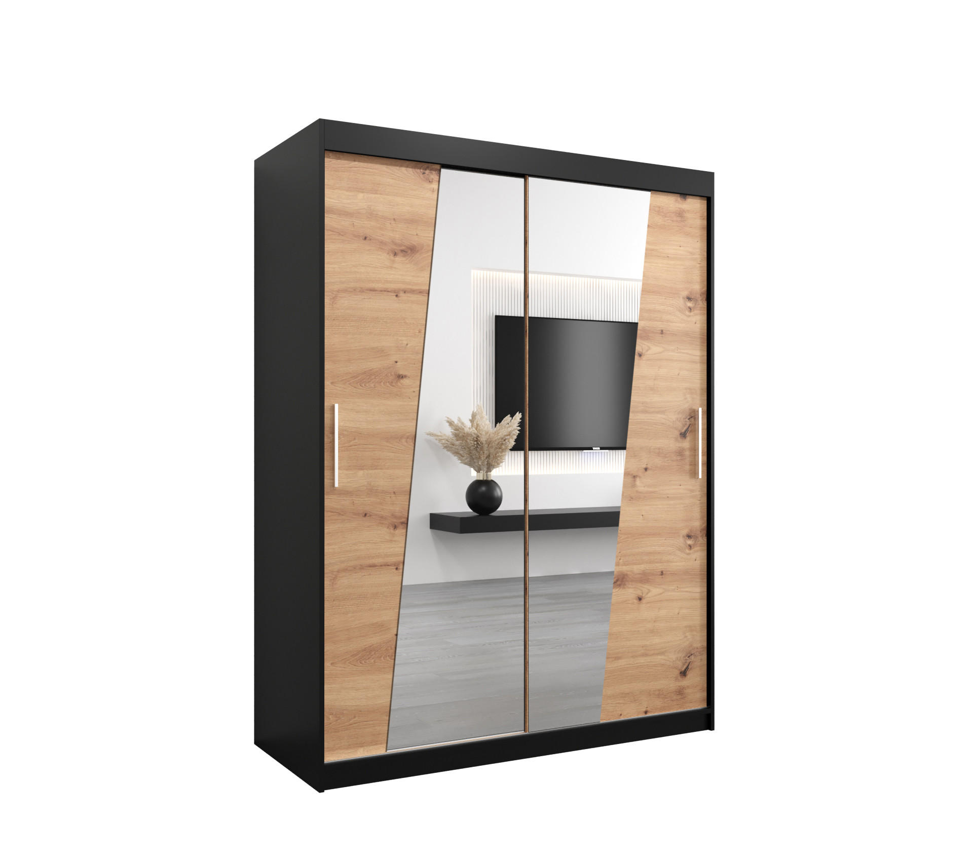 SCHWEBETÜRENSCHRANK 200/150/62 2-türig - Silberfarben/Schwarz, Holz/Kunststoff (150/200/62cm) - Abiks Möbel