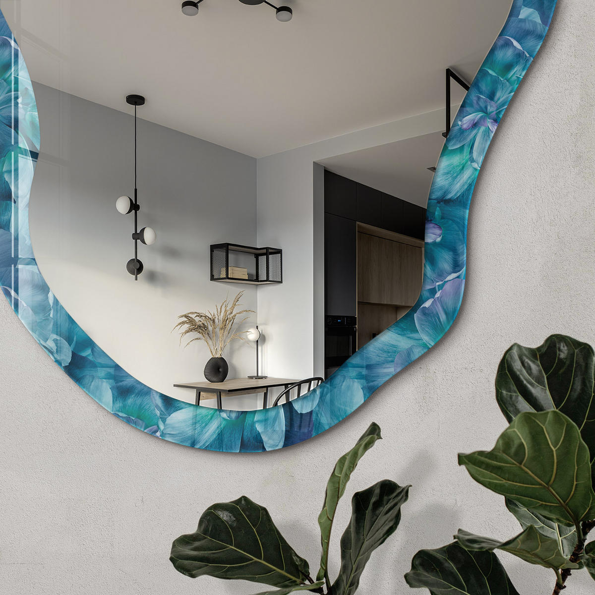 SPIEGEL 90x45 cm asymmetrisch mit Druck - Türkisfarbene Blüten - Transparent, Glas (45/90/0.4cm) - TULUP