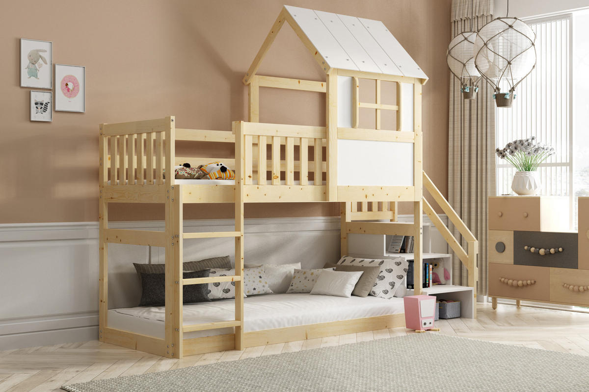 HOCHBETT -Etagenbett mit Rutsche 90x200 cm Kinderbett aus Holz - Kieferfarben, Holz (90/200cm) - Interbeds