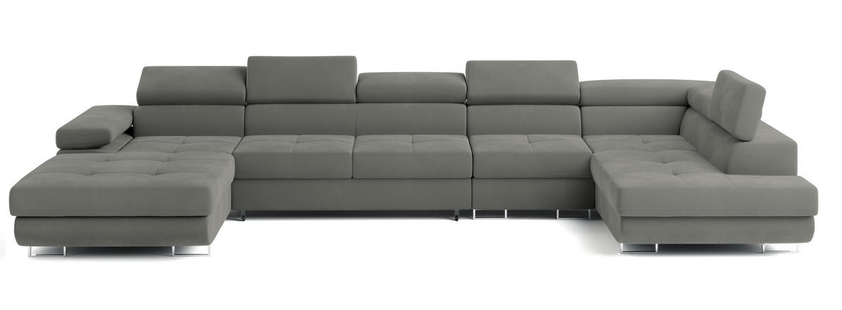 WOHNLANDSCHAFT VELORA R-S Hellgrau Velours-Stoff mit Schlaffunktion - Hellgrau, Holz (419/90/202cm) - MASSENO