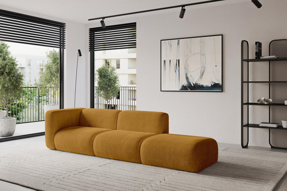 SOFA Ottomane Links MIRA-S3 296x89x70 Senfgelb Cord - Currygelb/Schwarz, Holzwerkstoff/Kunststoff (296/70/89cm) - ALTDECOR