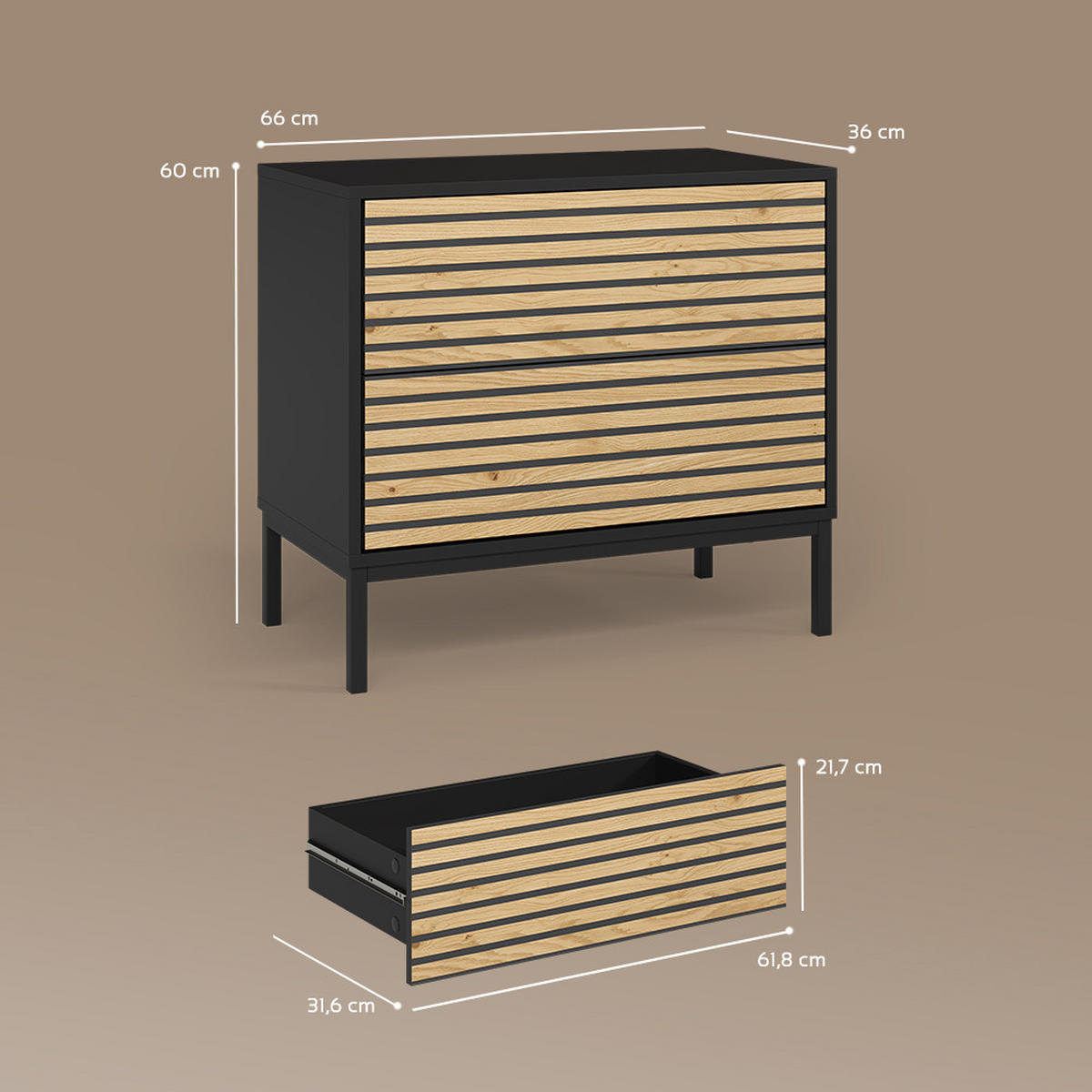 NACHTTISCH Aterno Goldkraft Eiche/Anthrazit 2er set - Honigeiche/Anthrazit, Holzwerkstoff (66/60/36cm) - Livinity®