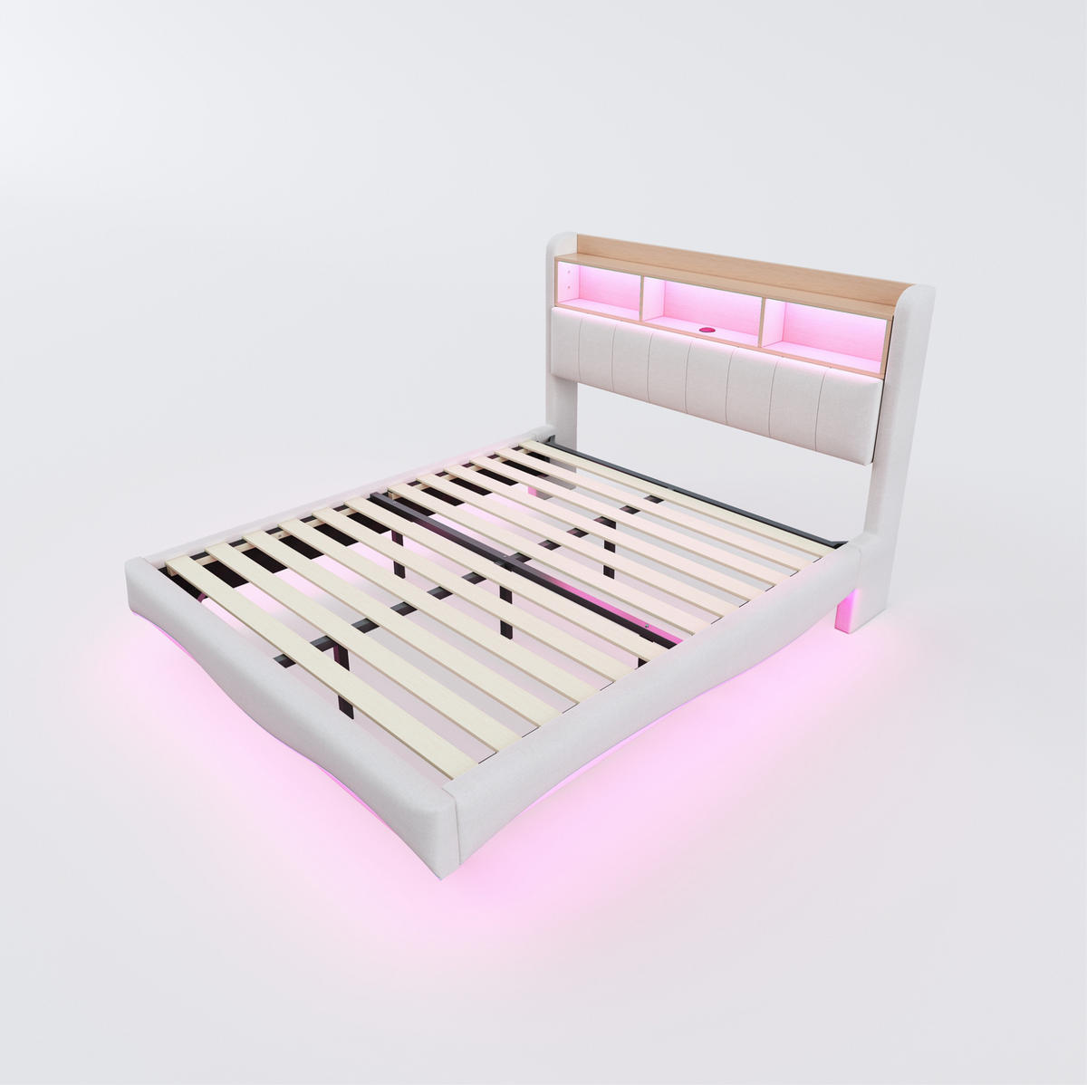 ČALÚNENÁ posteľ 140/200 cm s LED osvetlením, USB a Type-C portom, úložným priestorom a kovovým rámom, Béžová - béžová, textil (140/200cm) - Redom