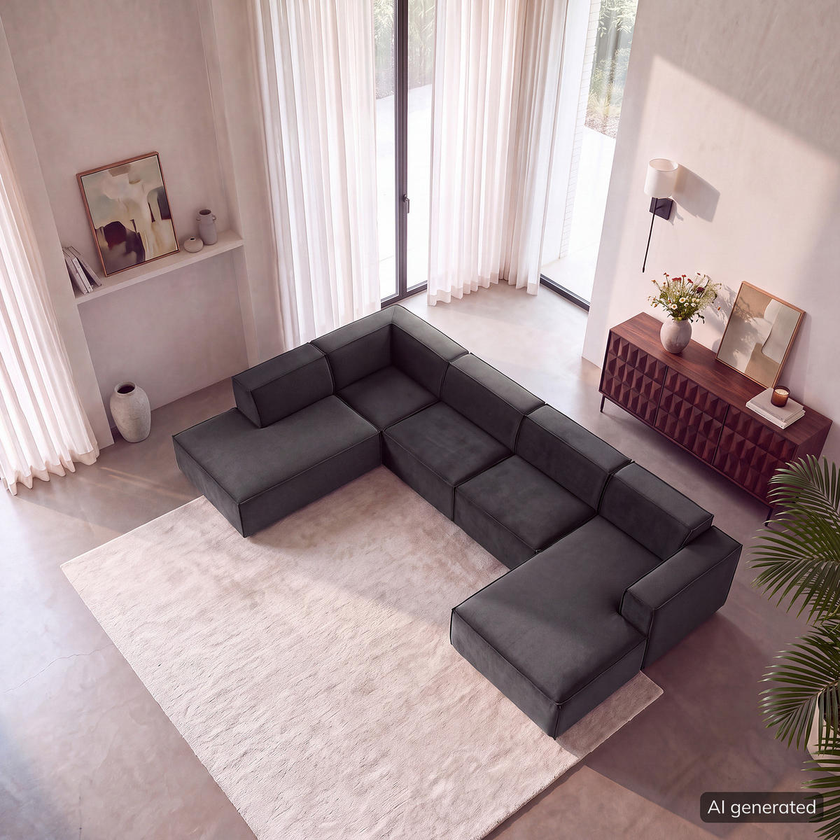 WOHNLANDSCHAFT mit Longchair & Ottomane - Schwarz/Grau, Kunststoff/Textil (369/70/234cm) - home24