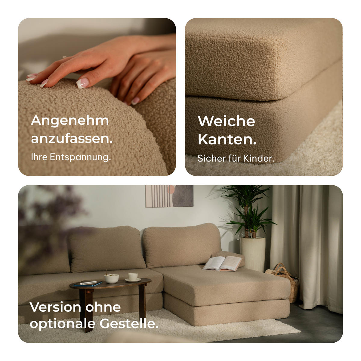 ECKSOFA LEA modulares Boneless Sofa mit Schlaffunktion Hellgrau Boucle-Stoff - Hellgrau, Textil (270/160cm) - MASSENO