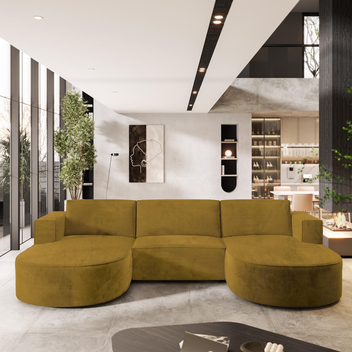 ROHOVÁ SEDAČKA VEZZO žlutá - šedá/žlutá, dřevo/textil (347/174cm) - MASSENO