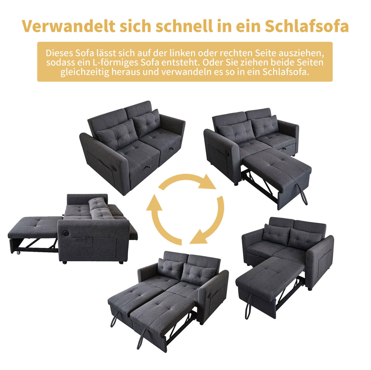 SCHLAFSOFA 142/85/83 cm in Grau – 3-in-1 ausziehbar mit USB und verstellbarer Rückenlehne - Grau, Textil (85/83/142cm) - BEAOK