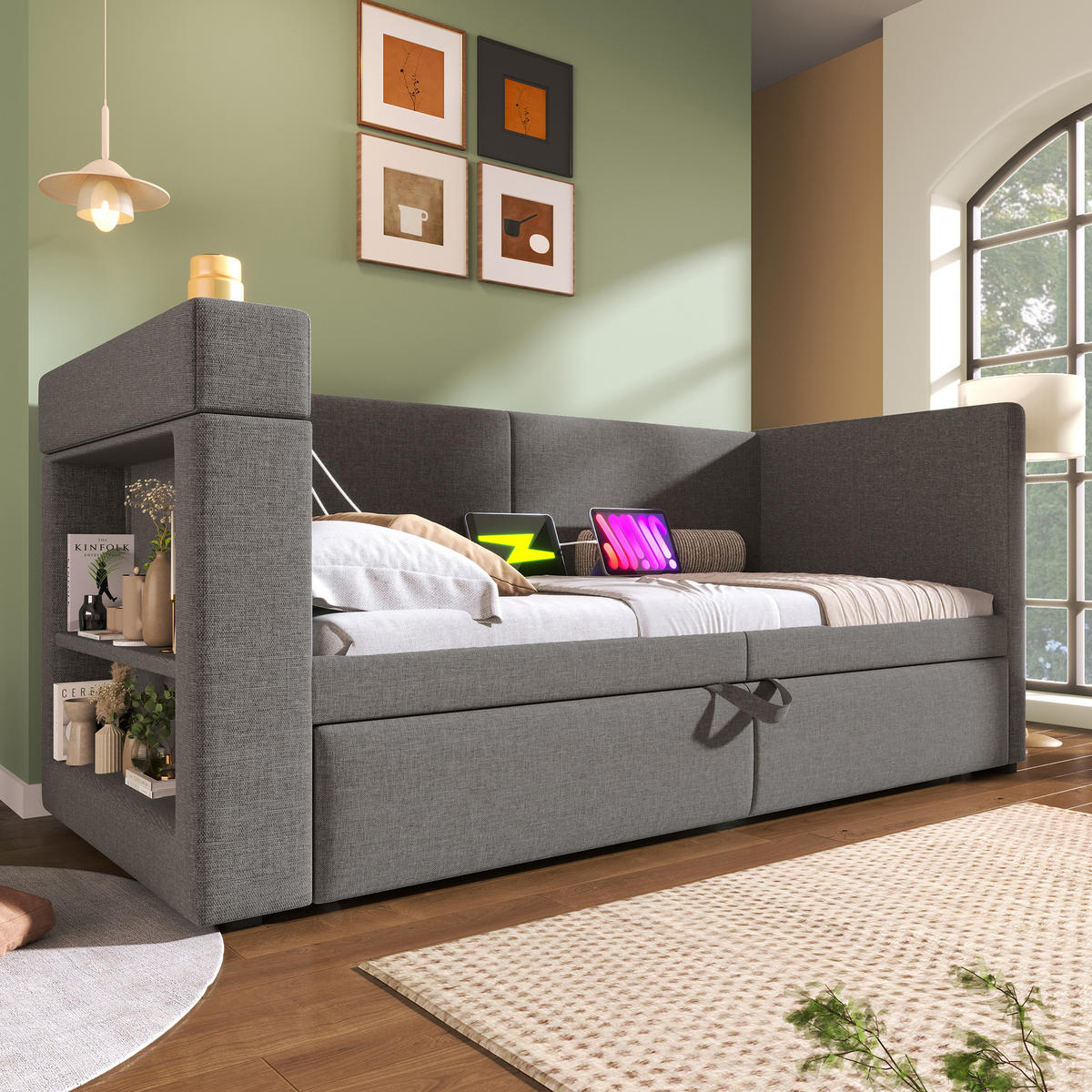 POLSTERBETT 90/200 cm mit Ausziehbett, USB- und Type-C-Anschluss, Getränkehaltern und Ablagen, Baumwoll-Leinen-Bezug, Grau - Grau, Textil (90/200cm) - Redom