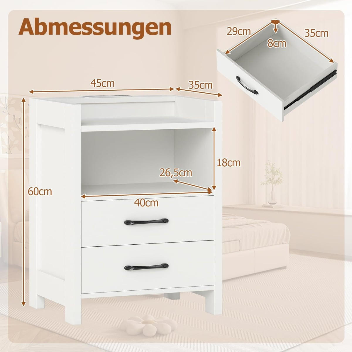 NACHTTISCH mit LED-Beleuchtung und Ladestation, 2 Schubladen, offenes Fach, Weiß, 45 x 35 x 60 cm - Weiß, Holzwerkstoff (45/60/35cm) - DESIGN IN