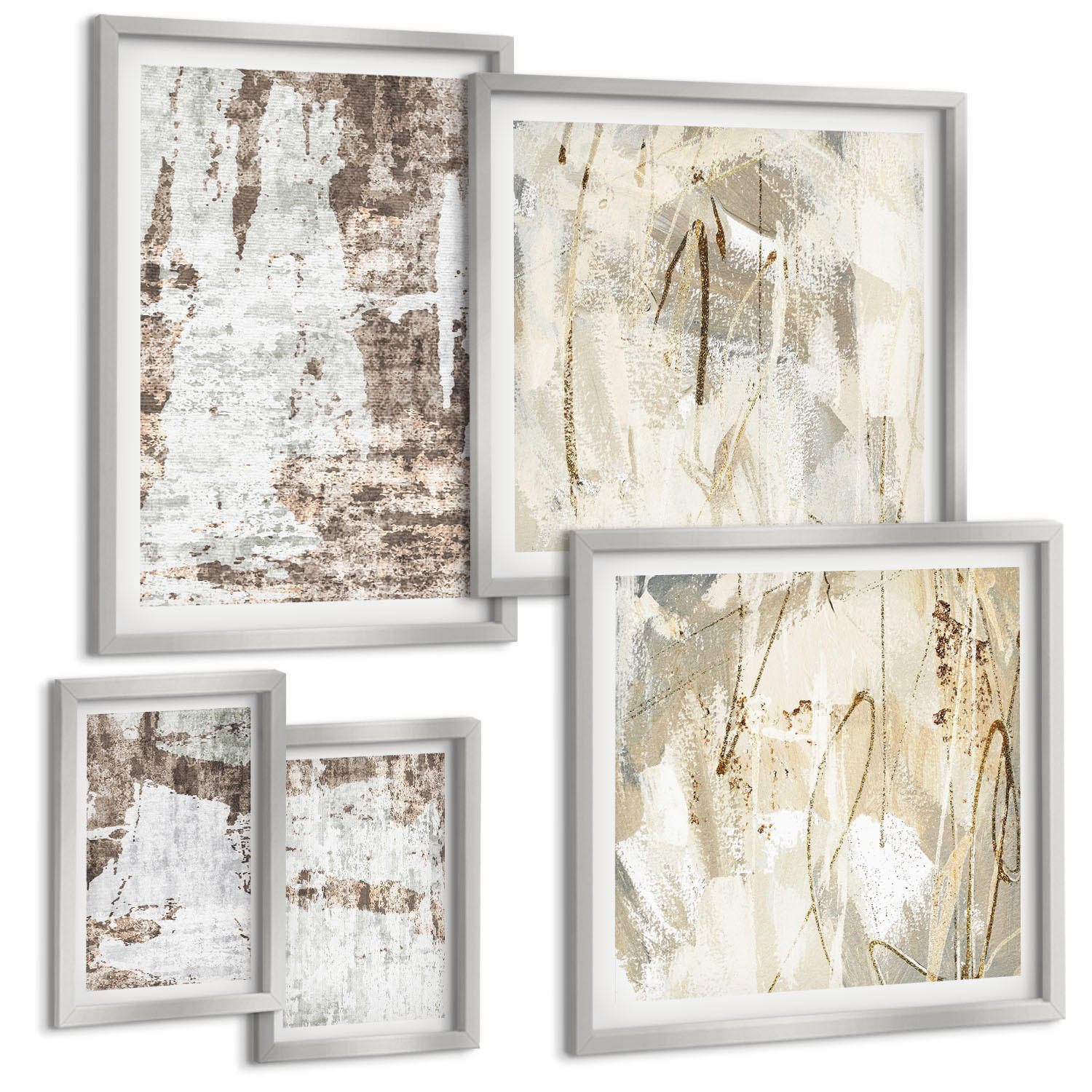 BILDER SET 5er Set - 50x50 cm & 20x30 cm & 40x60 cm Silberner Rahmen - Abstrakte Muster, weiß, braun - Silberfarben, Kunststoff (40/60cm) - TULUP