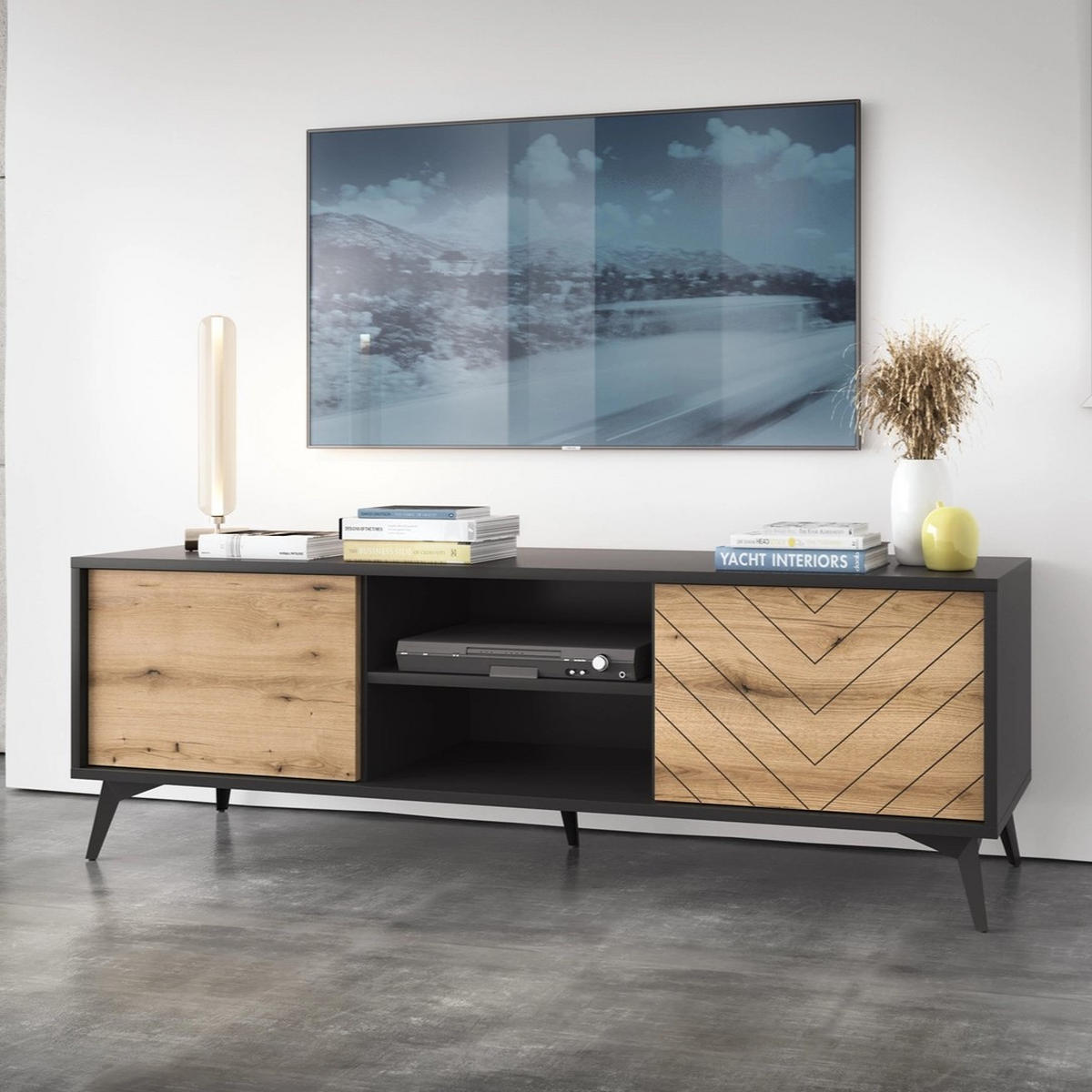 TV-BOARD DIAMOND RTV2D (Eiche Evoke, Schwarz, Fischgrätmuster, Metallfüße, Push to Open) - Eichefarben/Schwarz, Holz/Holzwerkstoff (154/50/39cm) - Ravio