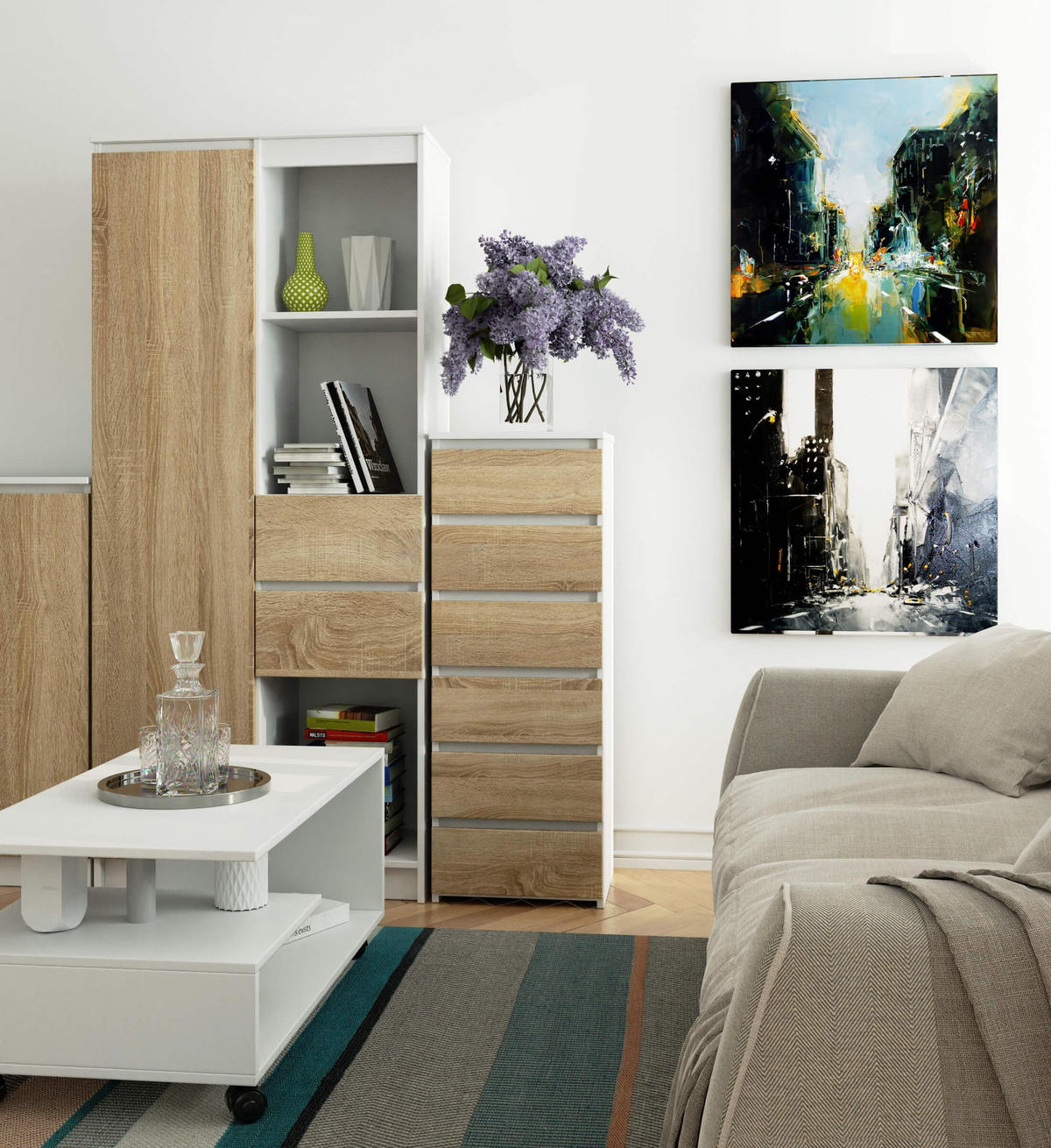 KOMMODE CL6, Weiß-Sonoma, 40x35x109 cm - Weiß/Sonoma Eiche, Holz (40/109/35cm) - Milordbikes