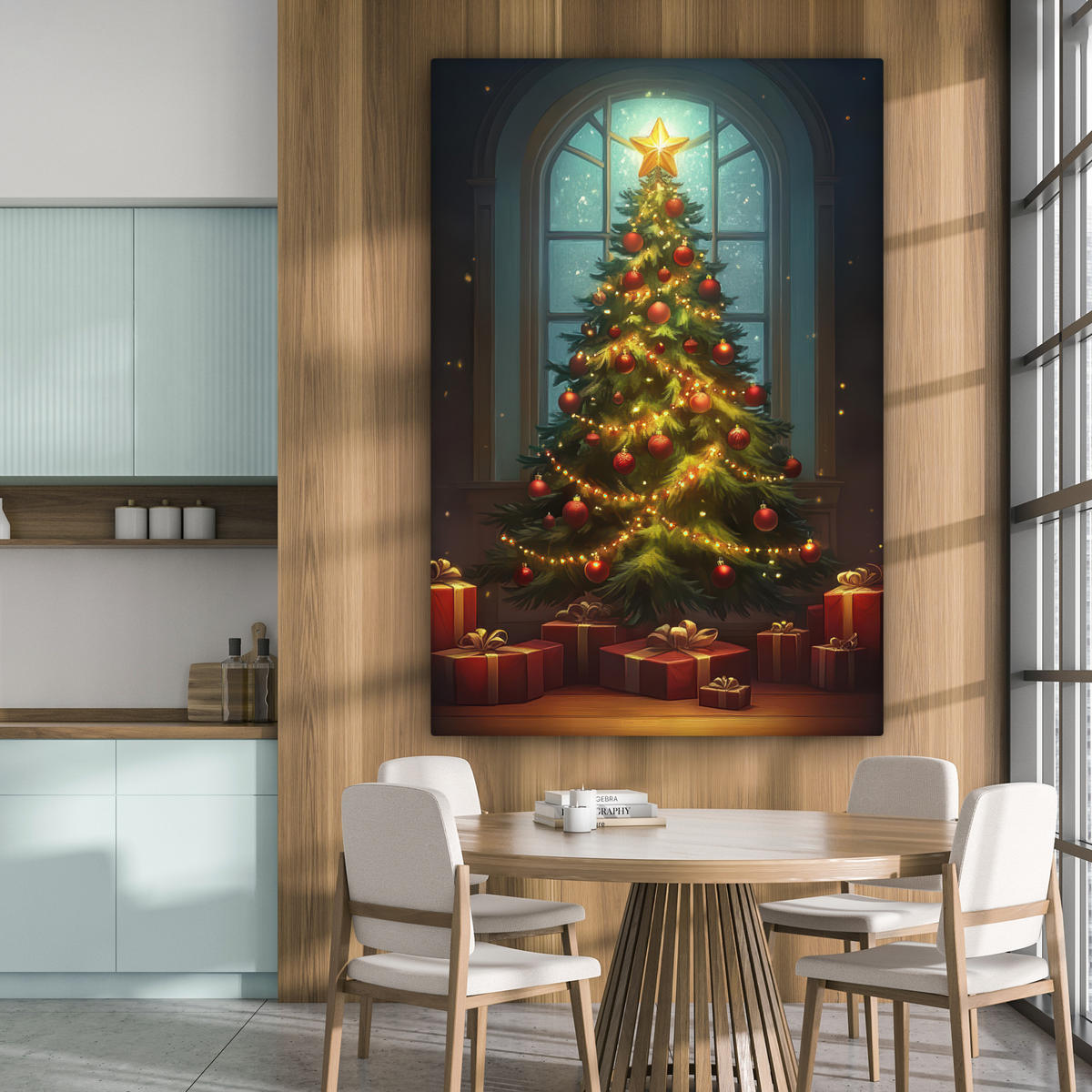 OBRAZ NA PLÁTNĚ Vánoční stromek - Dárek - Zima 90x140 cm - zelená barva, textil (90/140cm) - MuchoWow