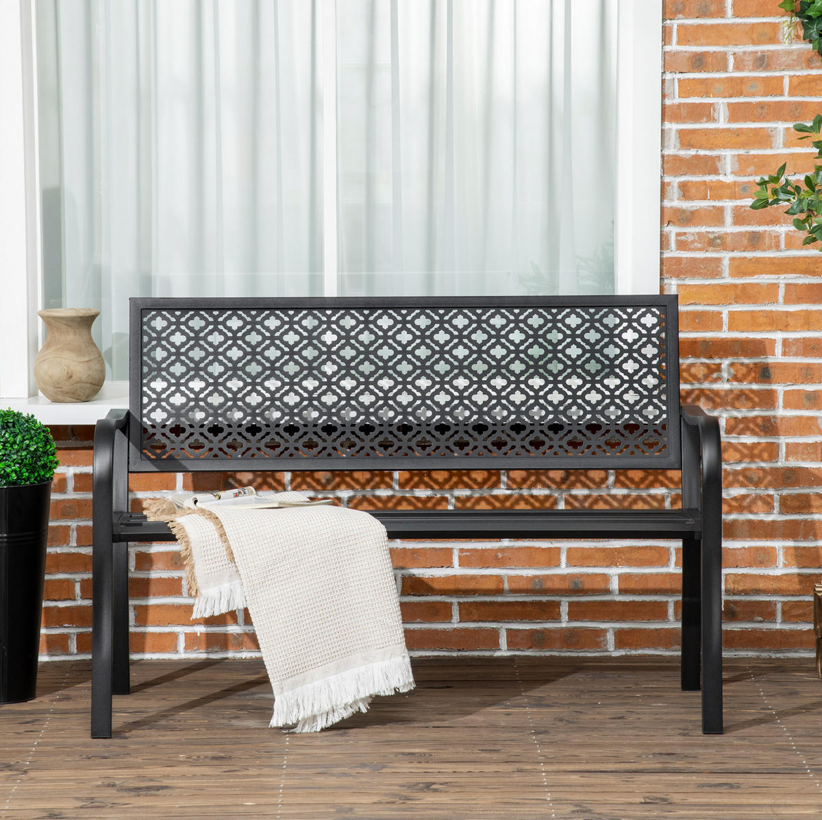 ZAHRADNÍ lavice 127/63/83 cm černá z oceli s opěradlem a područkami pro 2 osoby - černá, kov (63/83/127cm) - OKWISH