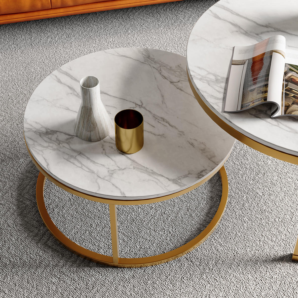 COUCHTISCH 2er Set rund, Satztisch mit Marmoroptik Gold - Goldfarben, Metall (80/80/45cm) - PARAFTA HOME