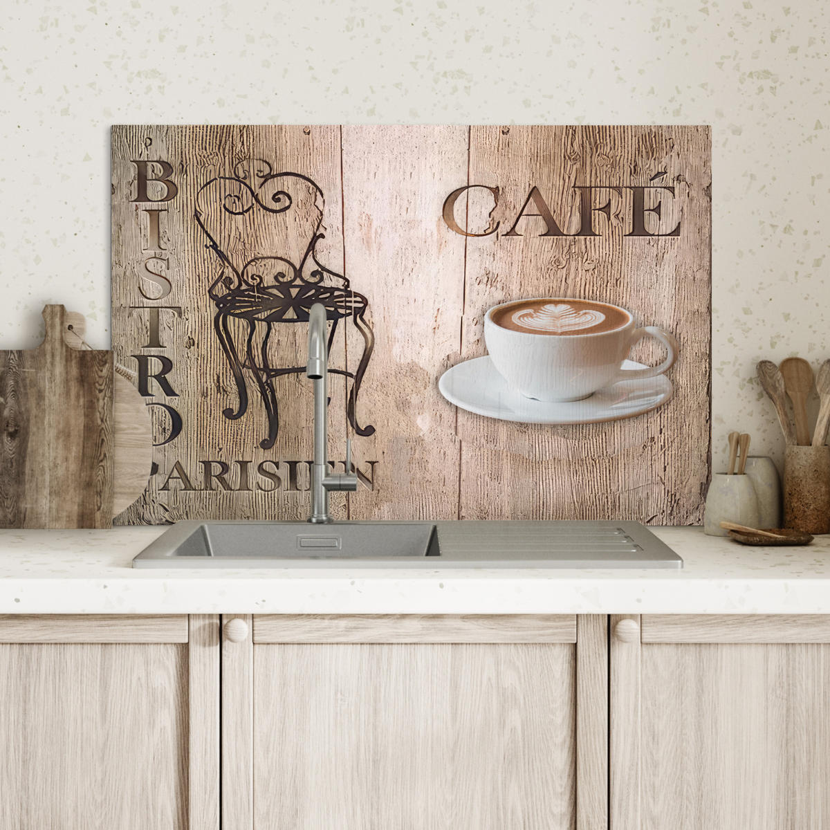 SPRITZSCHUTZ KÜCHE Bistro Parisien - Café - Kaffee - Jahrgang 60x40 cm - Cappuccino, Metall (60/0.3/40cm) - MuchoWow
