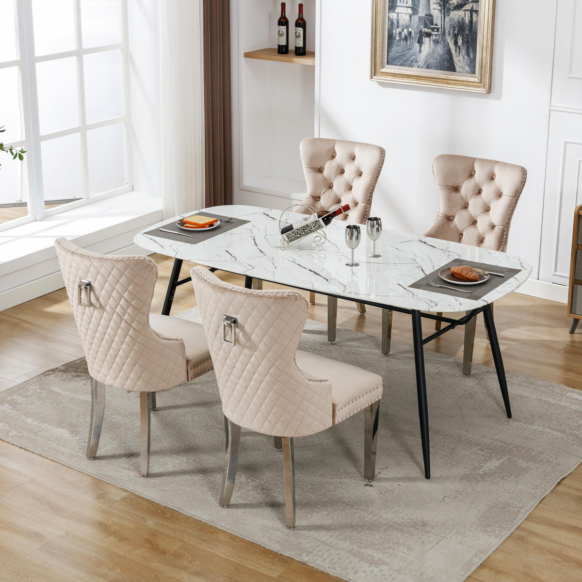 WOHNZIMMER STÜHLE mit Samtbezug, Nagelkopfbesatz und Metallbeinen, Beige - Beige, Textil (53/94.5/62.5cm) - EVRYAE