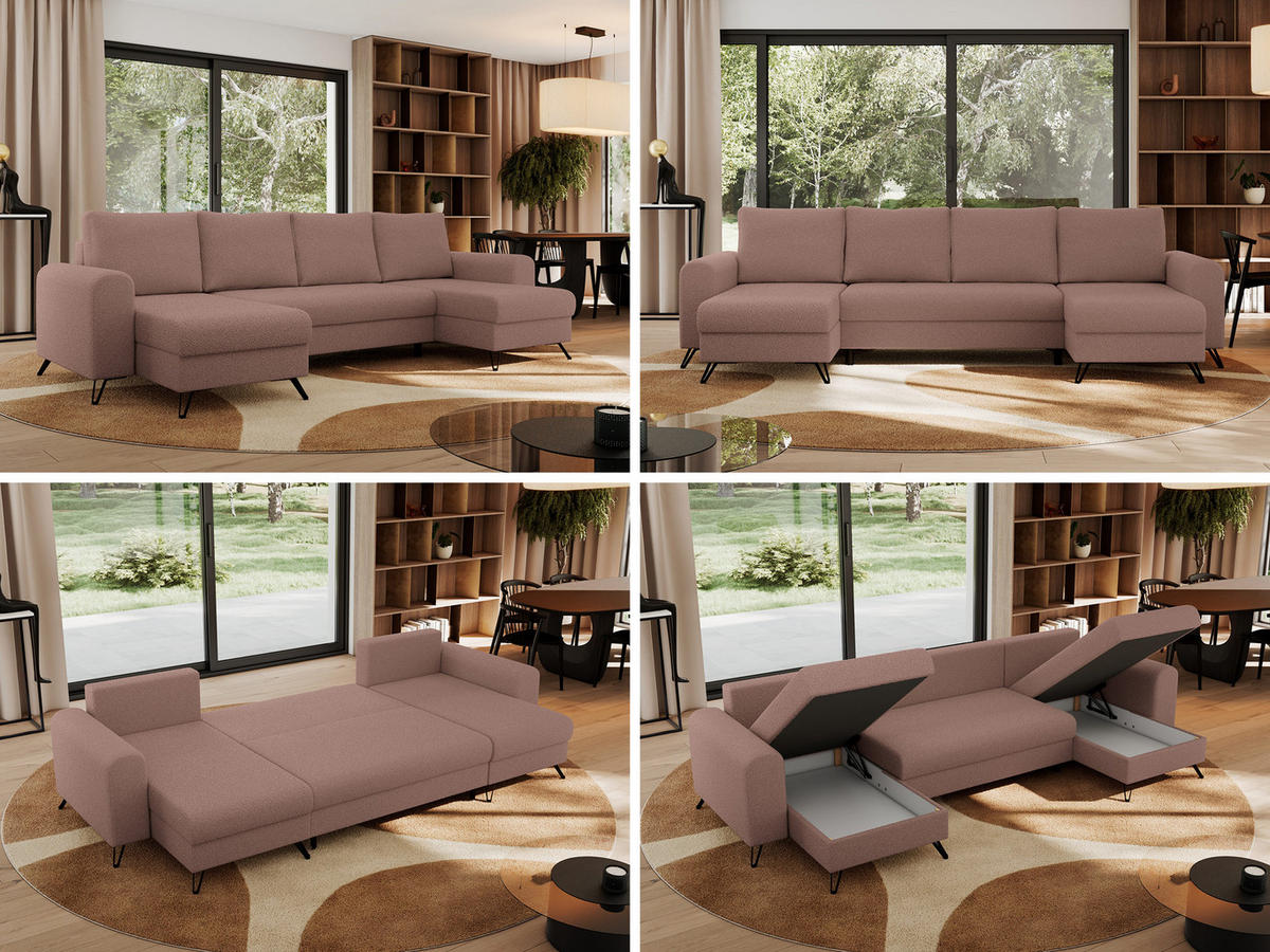 WOHNLANDSCHAFT AXEL U Boucle Rosa - Schwarz/Rosa, Textil/Metall (312/90/140cm) - MKS