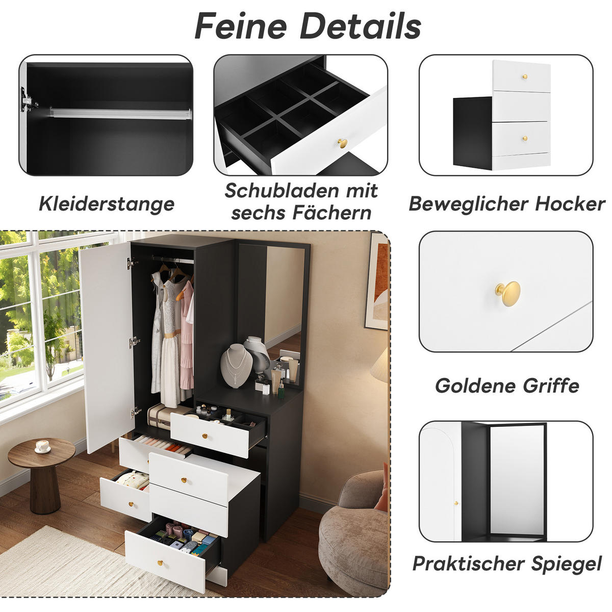 SCHMINKSCHRANK Spiegel Hocker Schubladen MDF Schlafzimmer 170cm - Multicolor, Holzwerkstoff (90/160/50.5cm) - FLIEKS