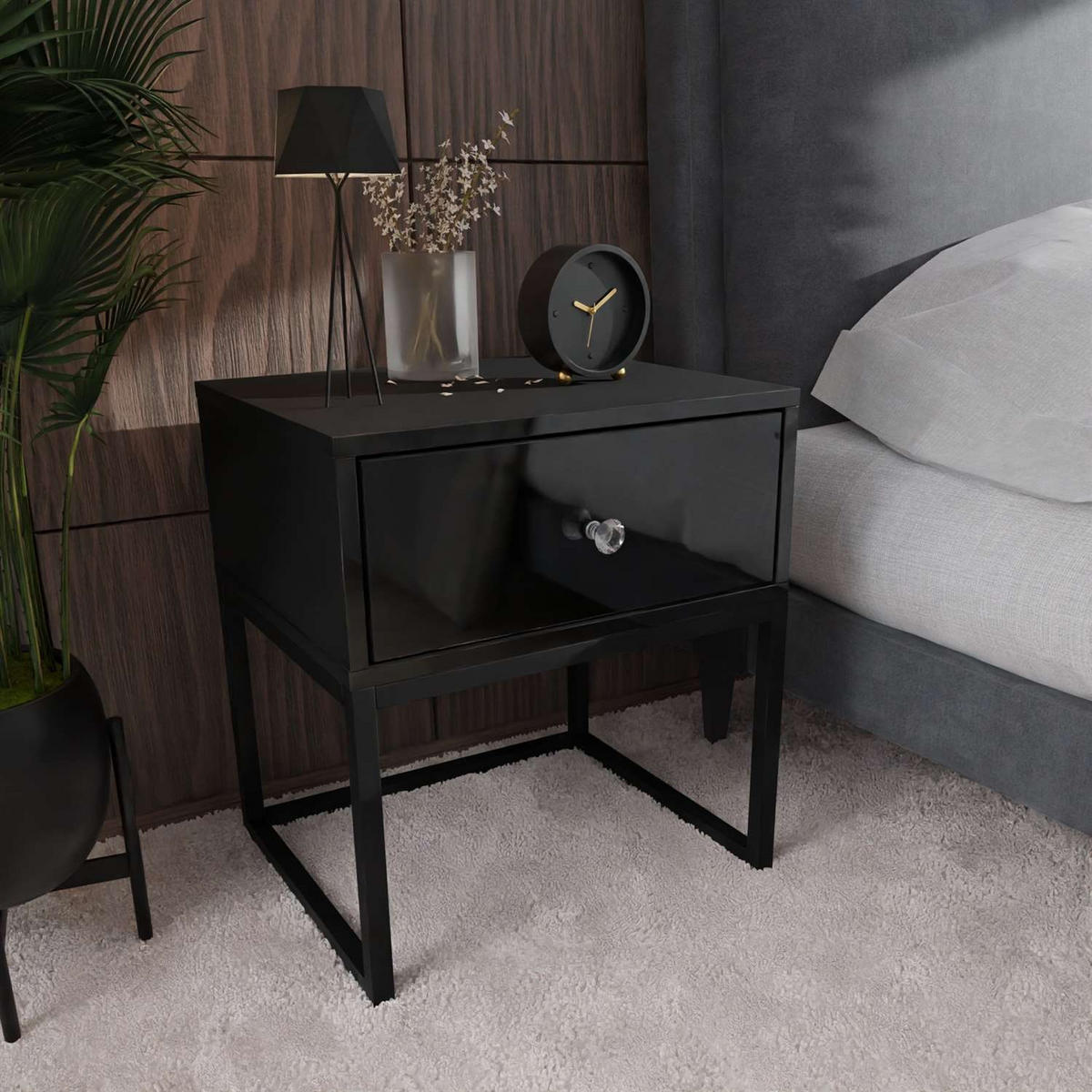 NACHTTISCH BLANCO LOFT Schwarz Hochglanz auf schwarzem Gestell Kristallgriff - Schwarz Hochglanz, Holzwerkstoff (45/53/37cm) - Lookway