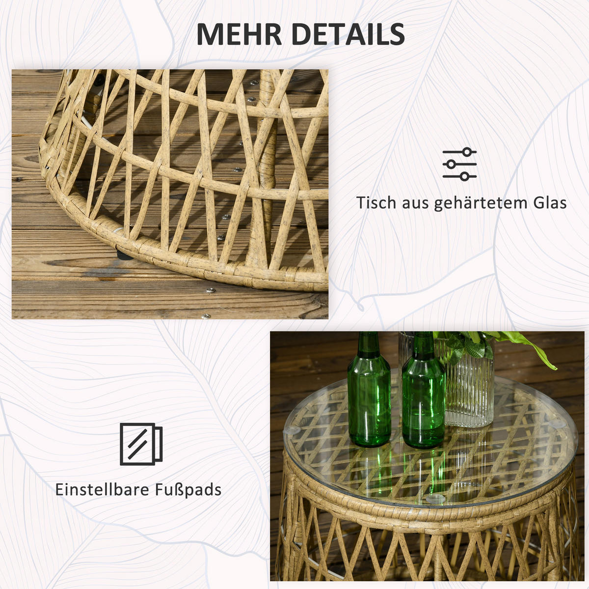 BISTRO-SET Stuhl 85/70/82 cm mit Tisch Ø45/45 cm, Rattan mit Kissen und Glasplatte, Coffee - Braun, Naturmaterialien - Redom