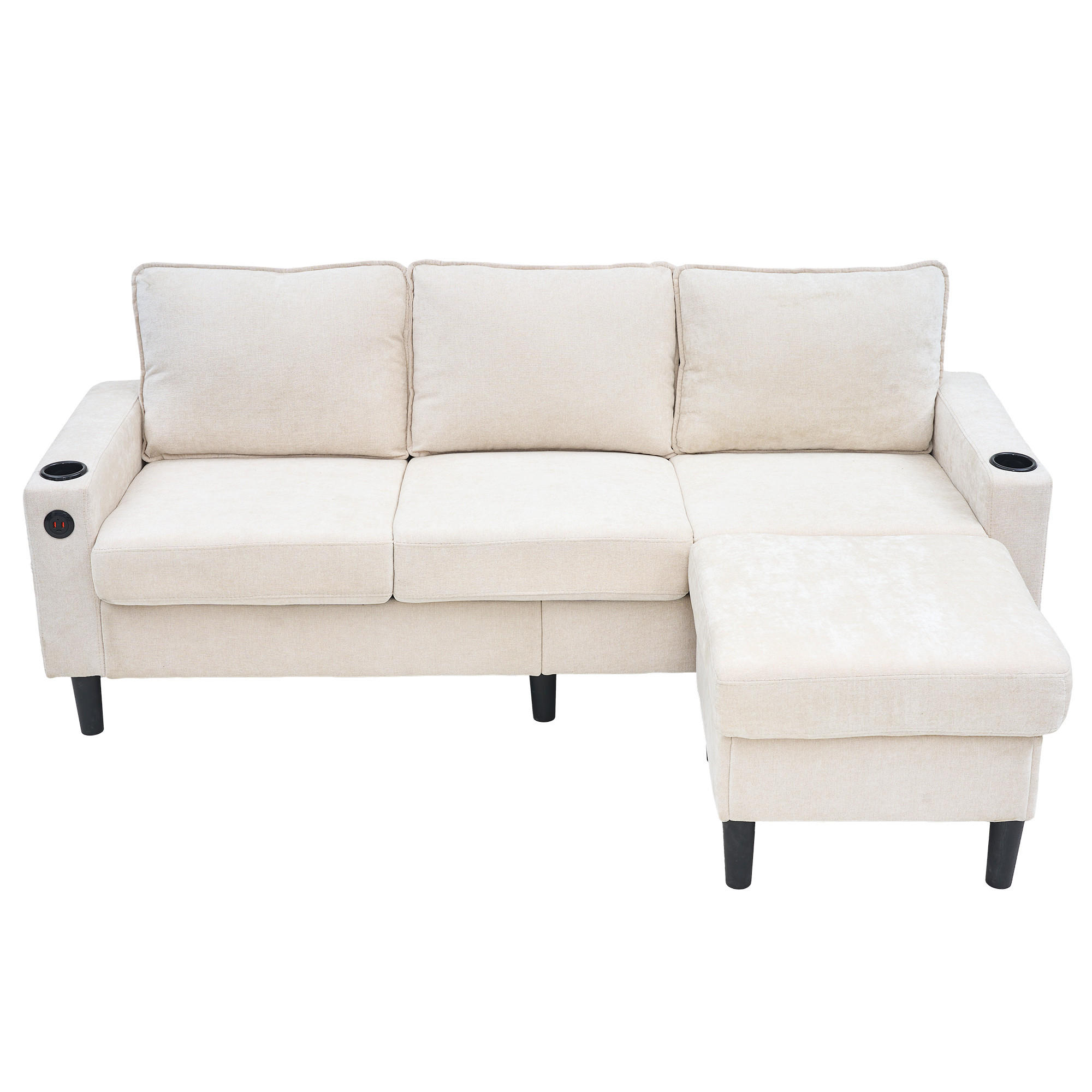ECKSOFA L-Form 3-Sitzer mit zwei Getränkehaltern und USB und Typ-C-Anschlüssen Beige 202/137/80 cm - Beige, Textil (202/137cm) - OKWISH