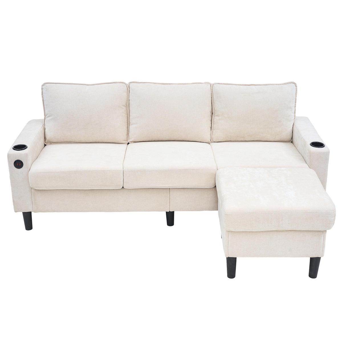 ECKSOFA L-Form 3-Sitzer mit zwei Getränkehaltern und USB und Typ-C-Anschlüssen Beige 202/137/80 cm - Beige, Textil (202/137cm) - OKWISH