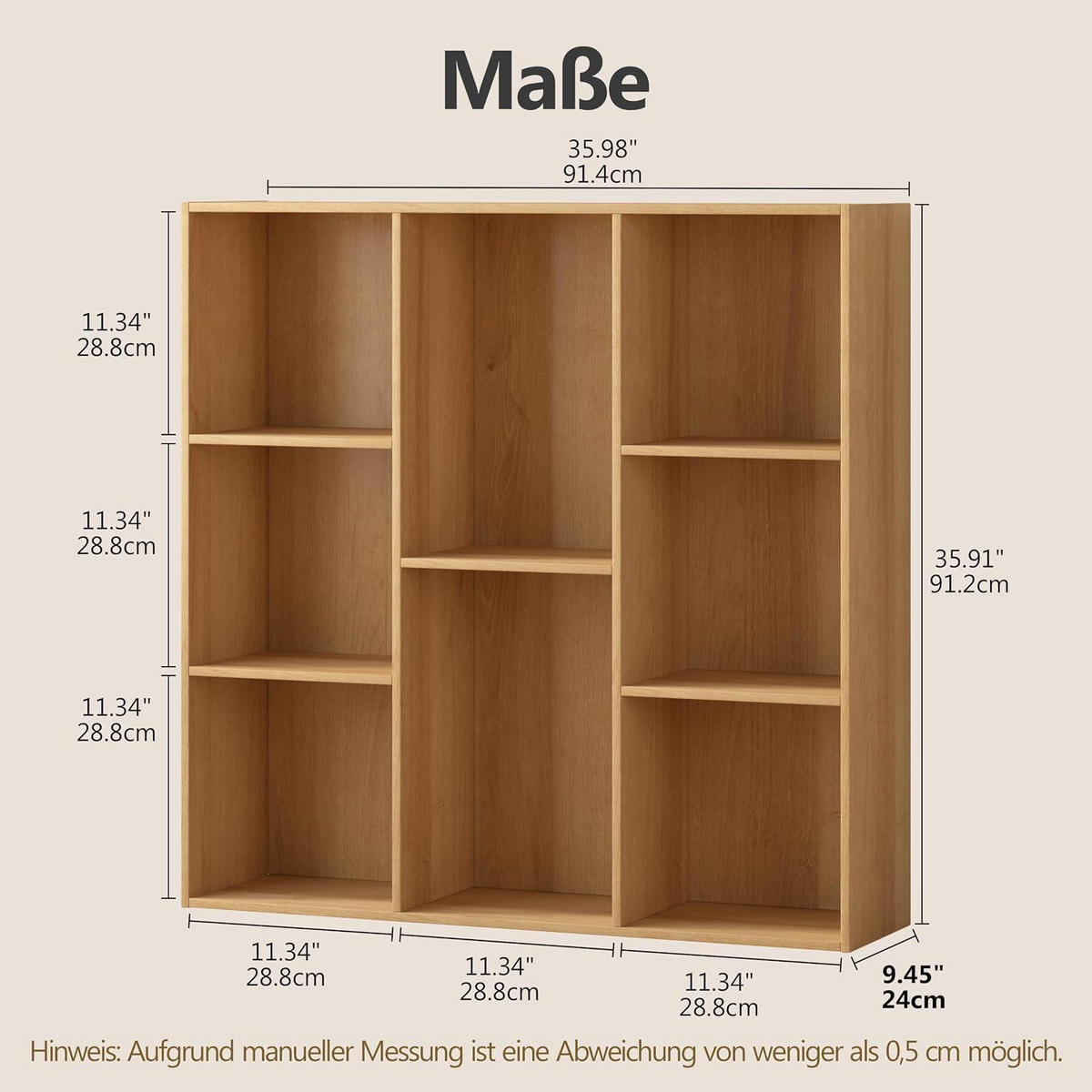 BÜCHERREGAL Würfelregal Naturholz 8 Fächer 91,2 x 91,4 x 24 cm - Braun, Holzwerkstoff (91.4/91.2/24cm)
