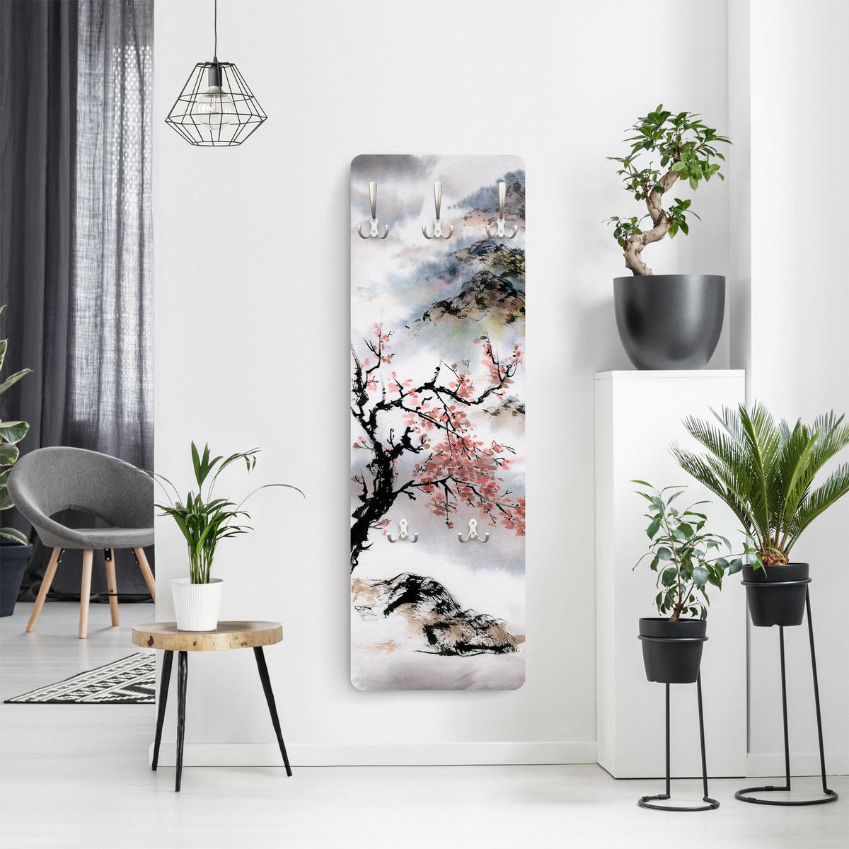 WANDGARDEROBE - Japanische Aquarell Zeichnung Kirschbaum und Berge 34/105 cm - Grau, Holzwerkstoff (34/105/1.6cm) - Bilderwelten