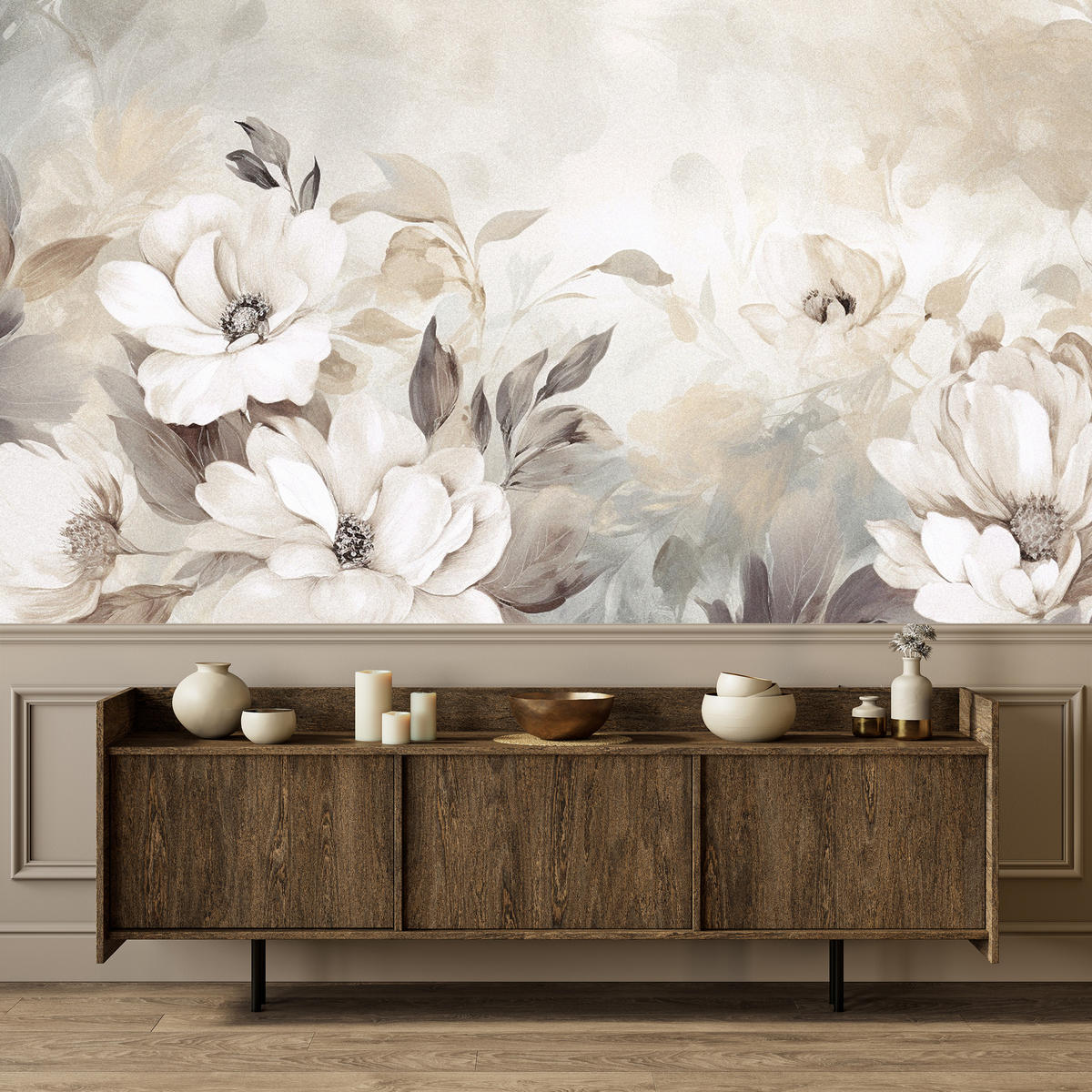 FOTOTAPETE für Schlafzimmer Abstrakte Creme Blumen Aquarell 350x256 - Beige/Braun, Papier (350/256cm) - Muralo