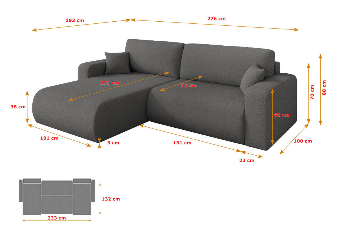 ROHOVÁ SEDAČKA s funkcí spaní, otoman vlevo BERY-L 276x193x88 šedá bouclé - šedá/černá, kompozitní dřevo/textil (276/193cm) - ALTDECOR