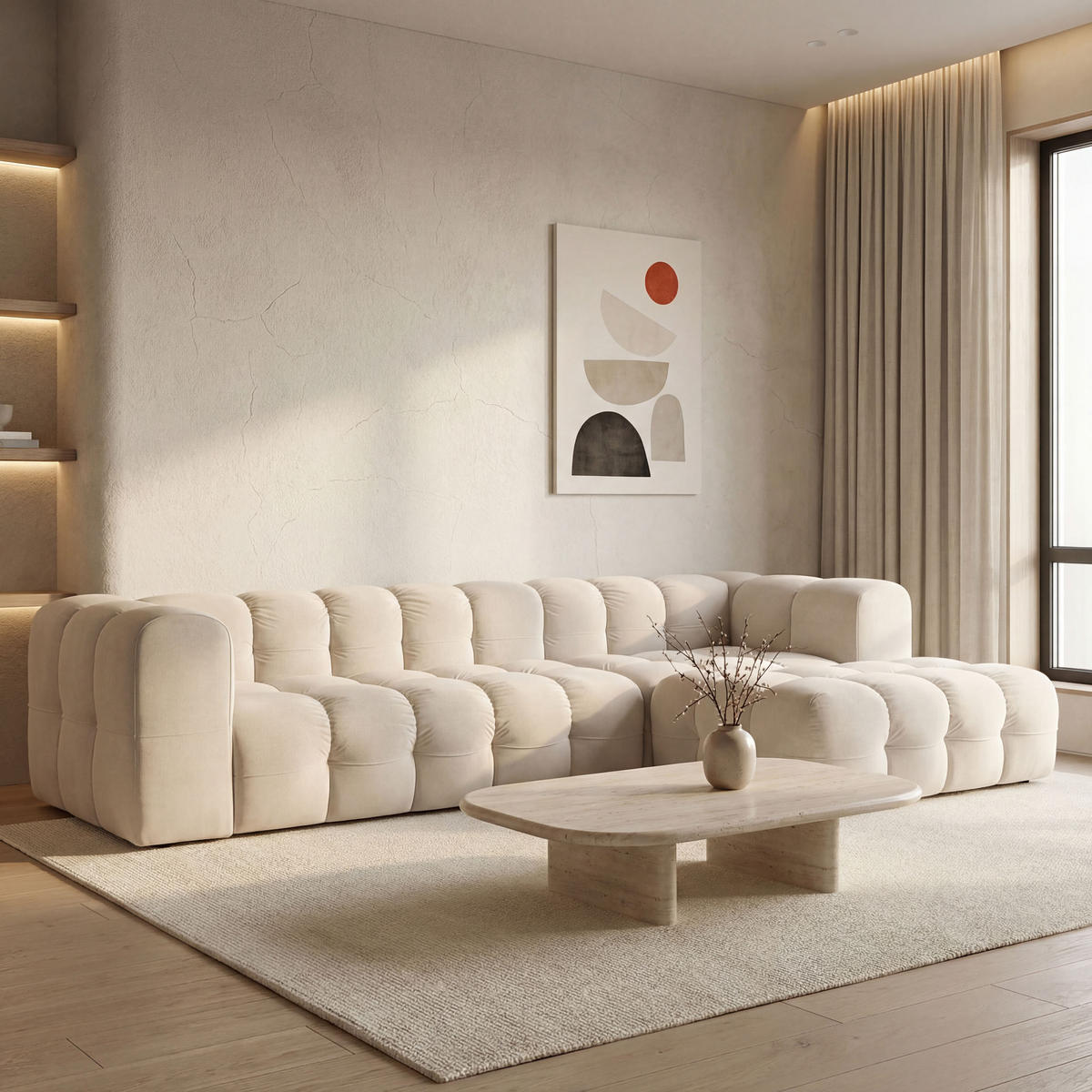 ECKSOFA Mochi L-Form 5-Sitzer Rechts, Samt, Beige 290/75/193 cm - Beige/Schwarz, Kunststoff/Textil (290/193cm) - WFL GROUP
