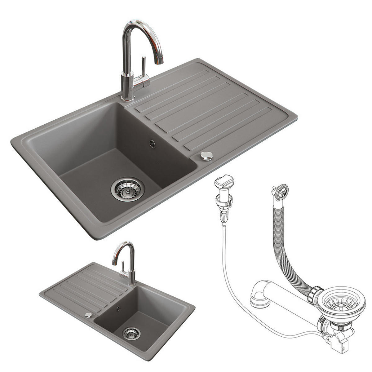 SPÜLBECKEN Beton 76.5 x 46 cm mit Trockenplatz - Schieferfarben, Keramik (76.5/19/46cm) - Bergstroem