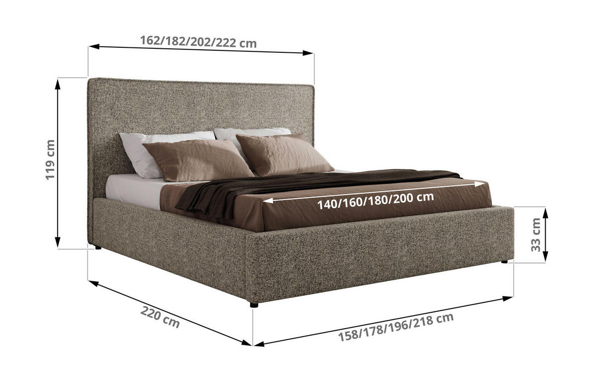 POLSTERBETT CORIVO CLASSIC 140/200 - Grau Strukture - Schaum-Matratze - Grau, Textil (140/200cm) - MKS