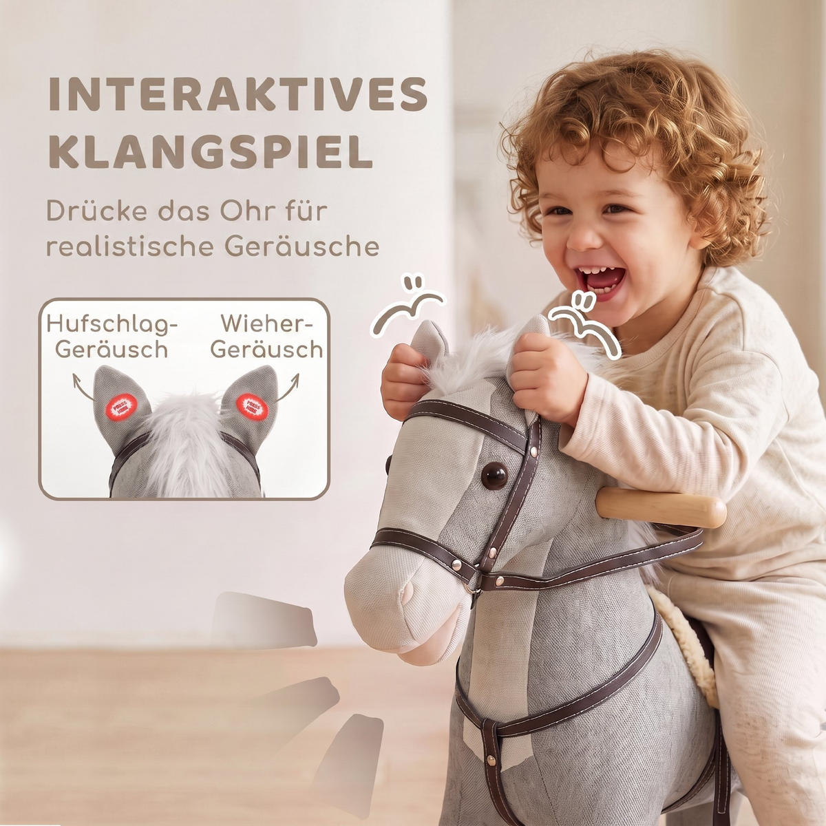 KINDER-SCHAUKELPFERD Polyester Metall Grau - Grau, Holz (30/68/71cm) - AIYAPLAY