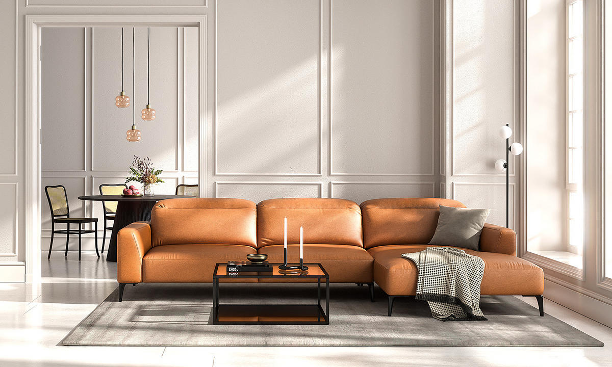 ECKSOFA mit Longchair - Cognac/Schwarz, Leder/Metall (328/180cm) - home24