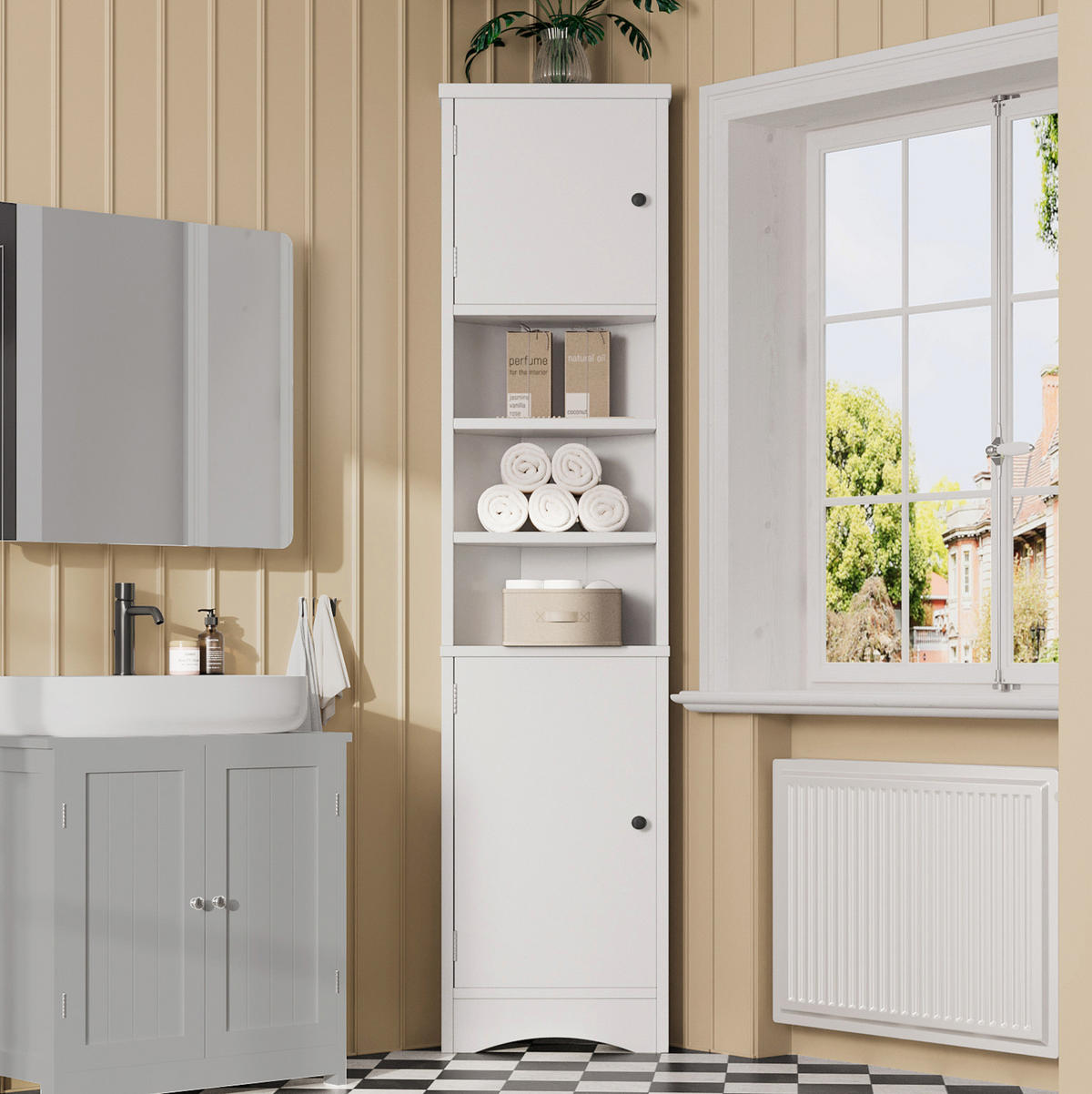 BADEZIMMERSCHRANK 36.5x24.5x170cm in Weiß, feuchtigkeitsbeständig mit 2 Türen - Weiß, Holzwerkstoff (24.5/170/36.5cm) - Modfu