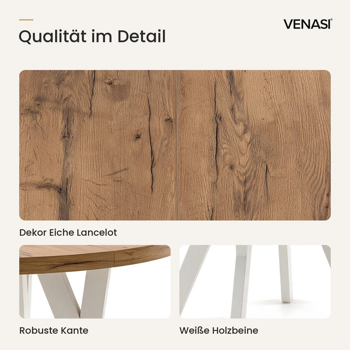 ESSTISCH ausziehbar rund ATO, 100-200 cm, Dekor Lancelot, weiße Holzbeine - Weiß/Braun, Holzwerkstoff/Buchenholz (100/100/77cm) - VENASI MÖBEL