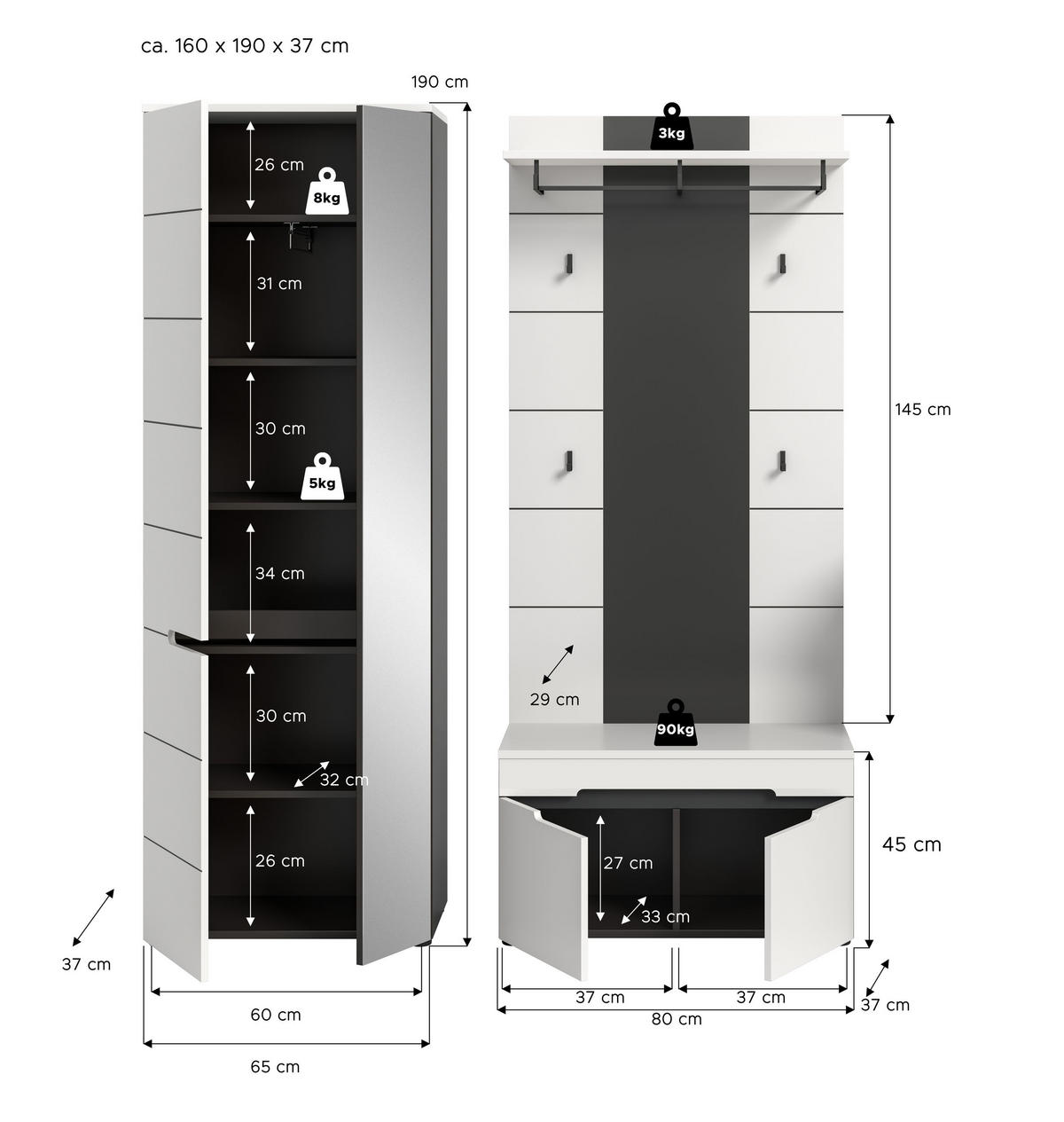 GARDEROBEN-SET CANU (B/H/T: ca. 160/190/37 cm) in Basalt grau/weiß - Grau, Holzwerkstoff (160/190/37cm)