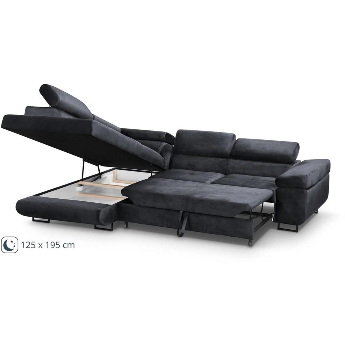 ECKSCHLAFSOFA Waldo verstellbaren Kopfstützen, Schwarz, links - Schwarz, Textil (275/203cm) - Beautysofa