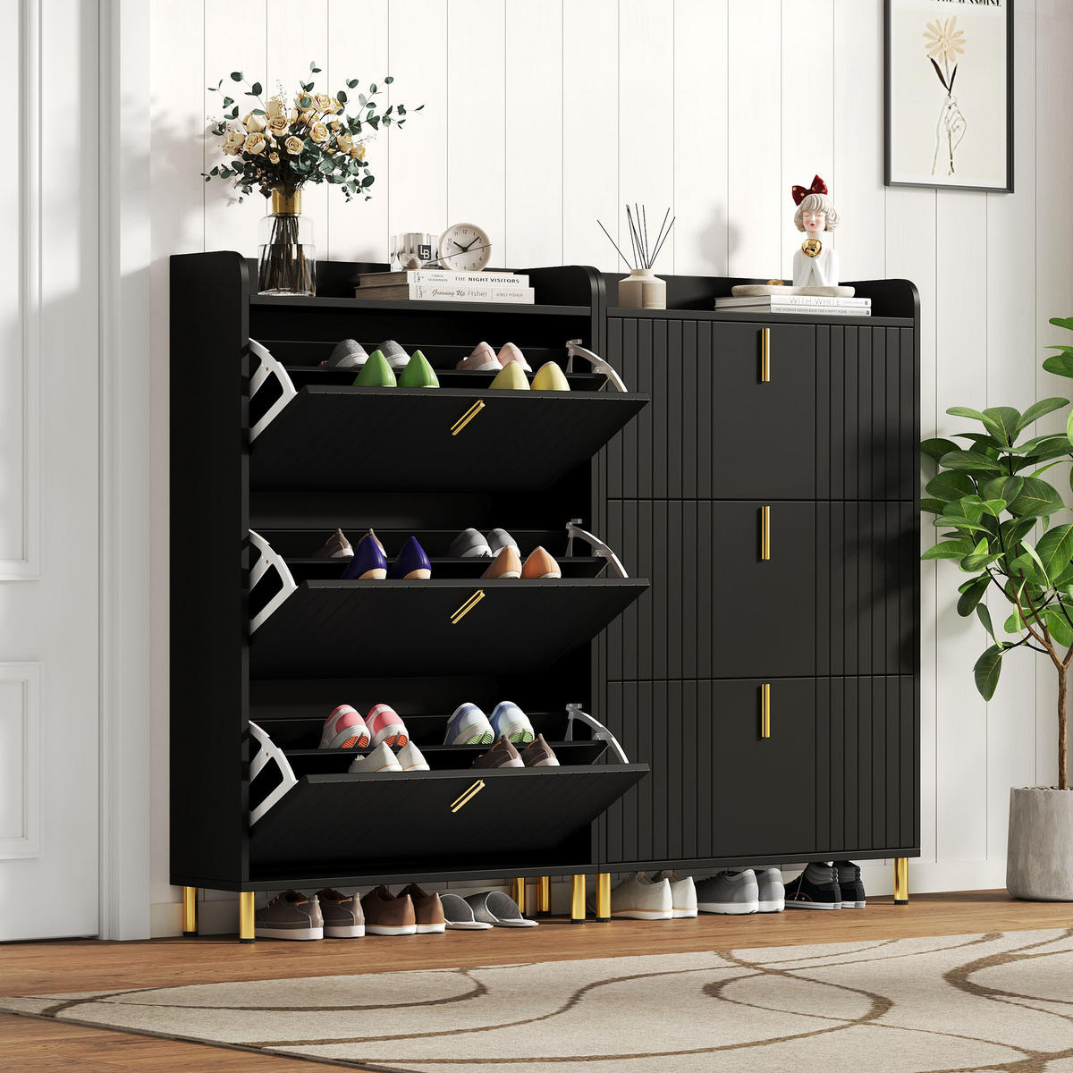 SCHUHSCHRANK aus MDF 160x23x123,5cm in Schwarz mit Metallsockel - Schwarz, Holzwerkstoff (160/123.5/23.5cm) - Modfu