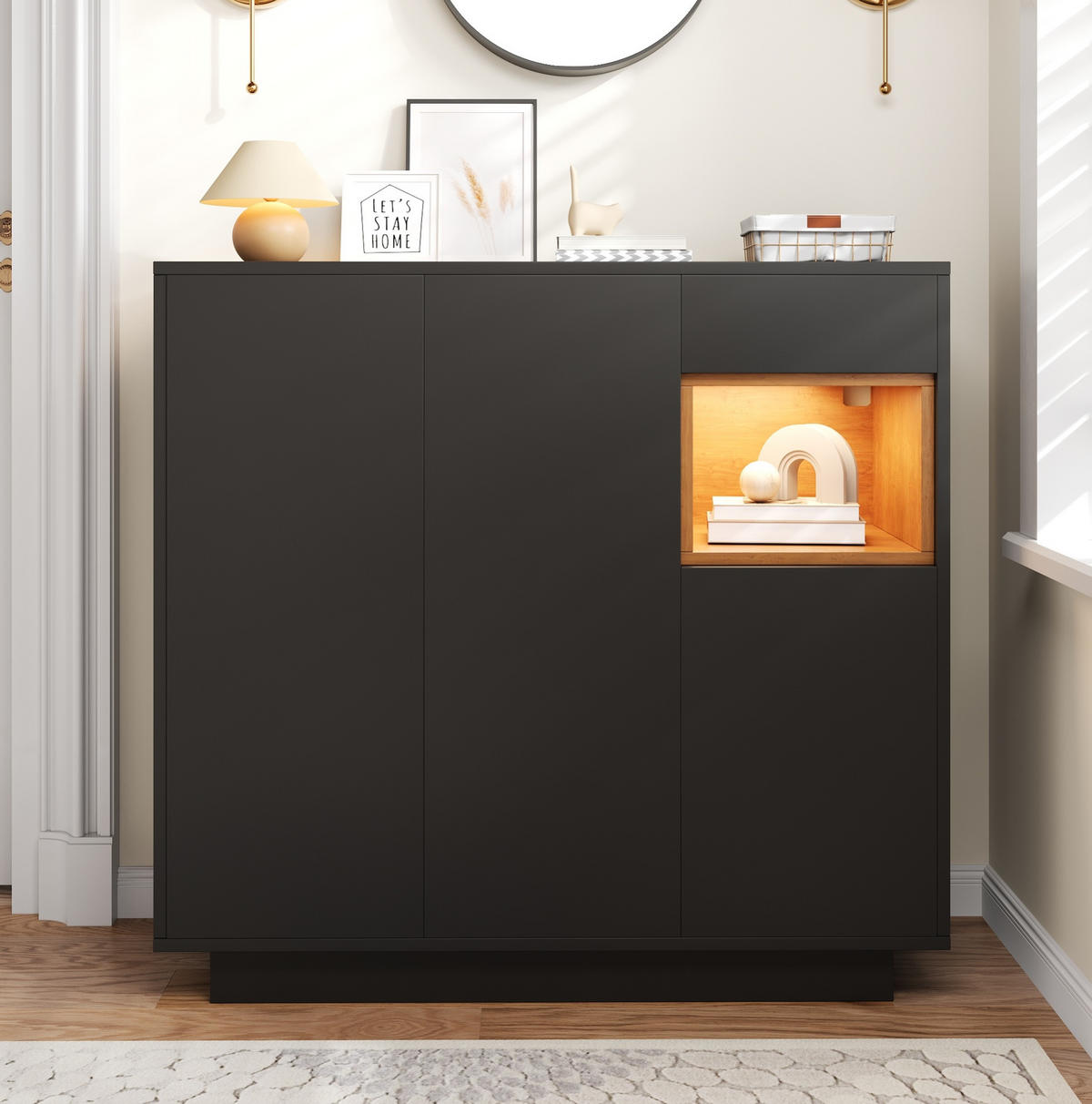 SCHUHSCHRANK 105/39,5/100,5 cm mit 16-farbiger LED-Beleuchtung, verstellbaren Einlegeböden und Schublade, Schwarz/Natur - Schwarz, Holzwerkstoff (105/100/39cm) - Redom