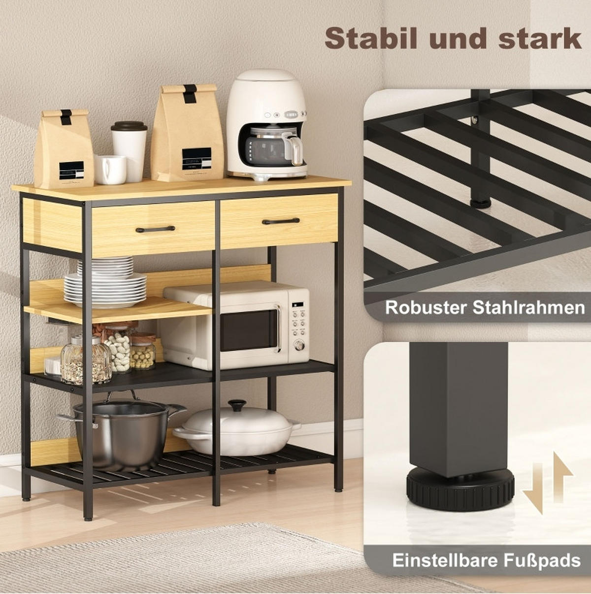 SIDEBOARD aus Holzwerkstoff 90x40x91 cm Naturfarben mit 2 Schubladen und 3 offenen Fächern im Industrial-Stil - Naturfarben, Holzwerkstoff (90/91/40cm) - Modfu