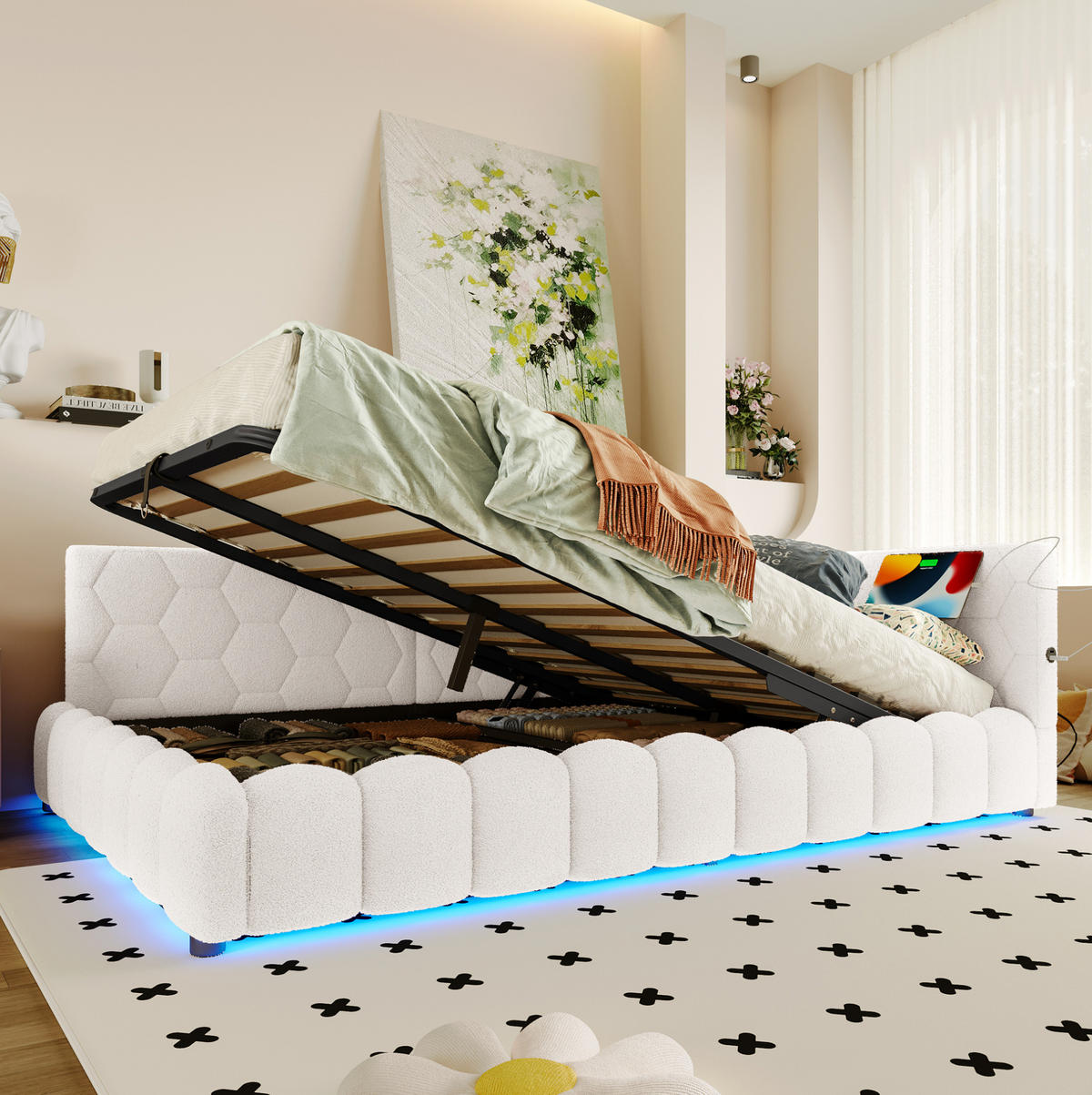 POLSTERBETT aus Vliesimitat 140x200 cm in Weiß mit LED & USB-C-Ladefunktion - Weiß, Textil (140/200cm) - Modfu
