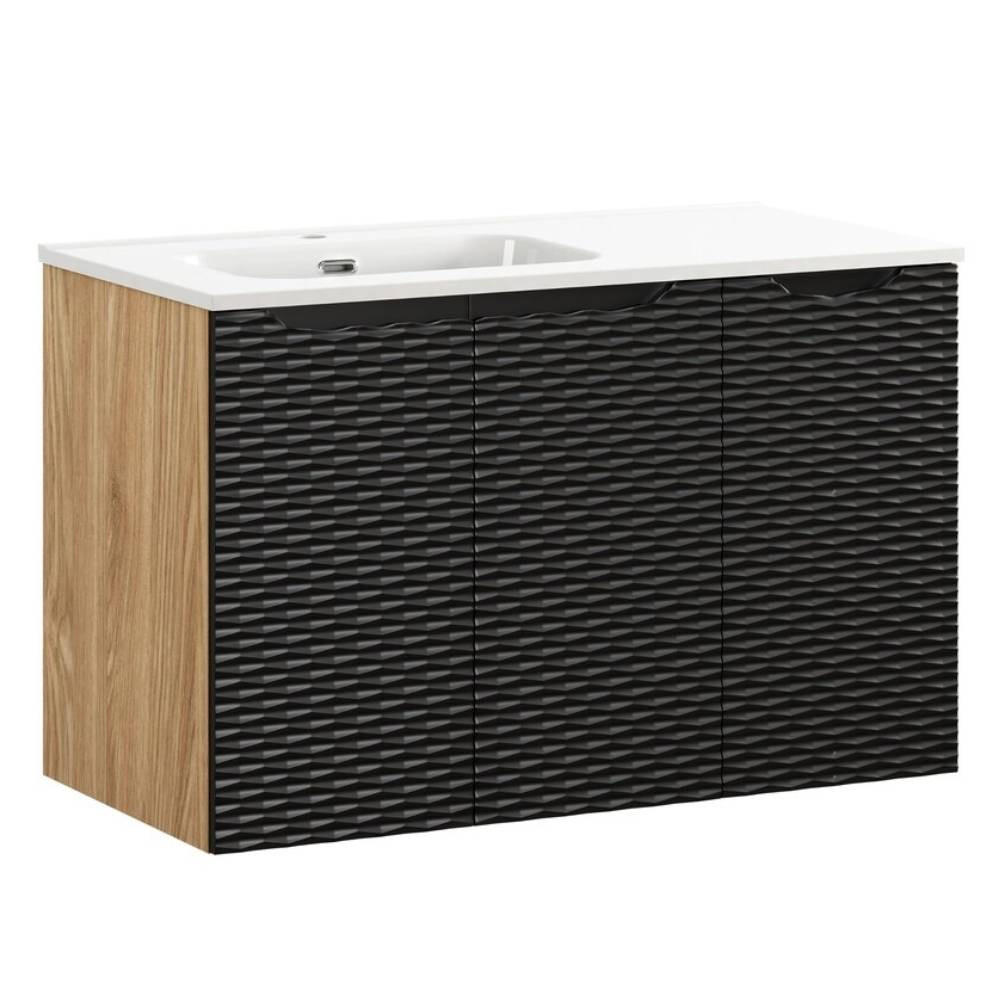 WASCHTISCHKOMBI 90 cm 3 Teile - Ocean Black O BM451 in Schwarz / Geölter Eiche - Eichefarben/Schwarz, Holz (90/57/46cm)