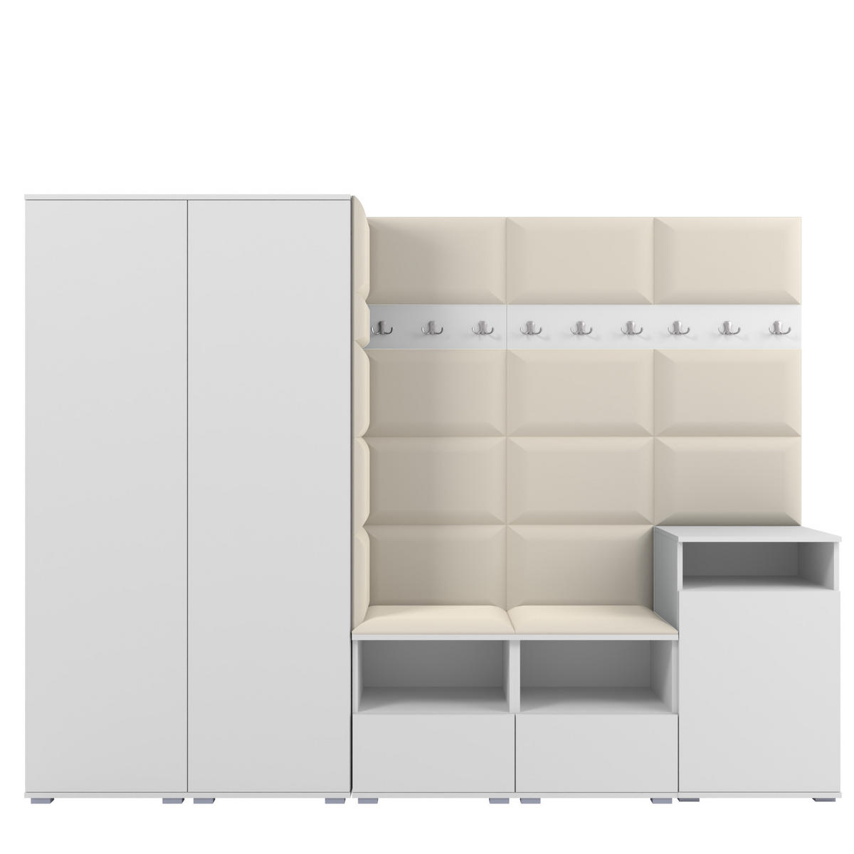 GARDEROBE NELA VIII 250 cm (Modulare Flurmöbel Weiß mit Sitzpolster Creme 01 2 Schränke + Sidelboard) - Silberfarben/Creme, Holz/Holzwerkstoff (250/187/40cm) - Ravio