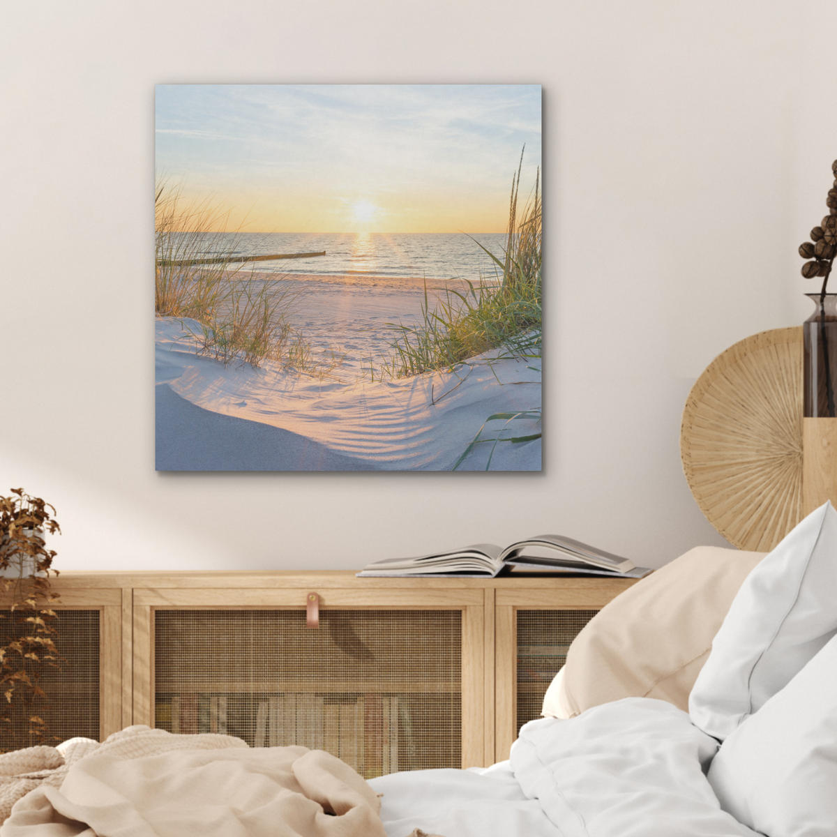 AKUSTIKBILD Strand - Sonne - Düne - Gras - Sand - Horizont Wandbilder 60x60 cm - Hellblau, Kunststoff (60/60/0.9cm) - MuchoWow