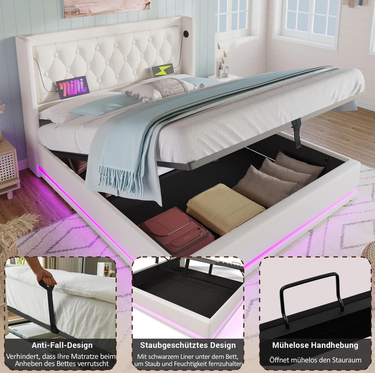 POLSTERBETT 180/200 cm Weiß aus PU mit LED und USB Typ-C - Weiß, Kunststoff (180/200cm) - OKWISH