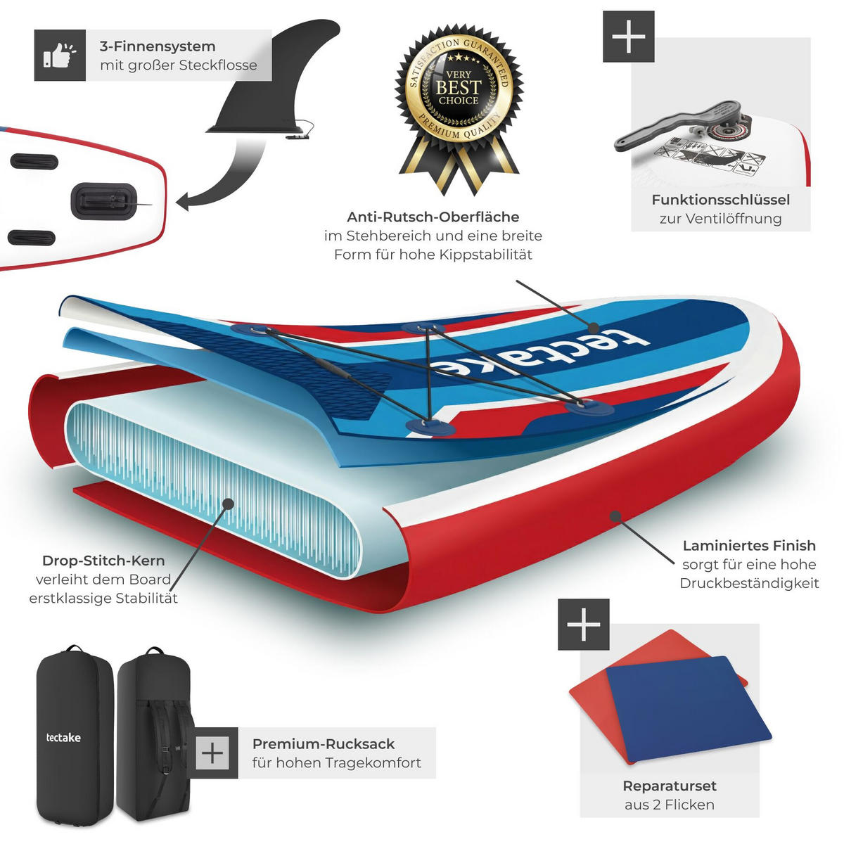 STAND-UP-PADDLE-BOARD 2in1 , 288 x 77 x 22,5 cm, rot/blau - Rot, Kunststoff (288/77/0.23cm) - tectake